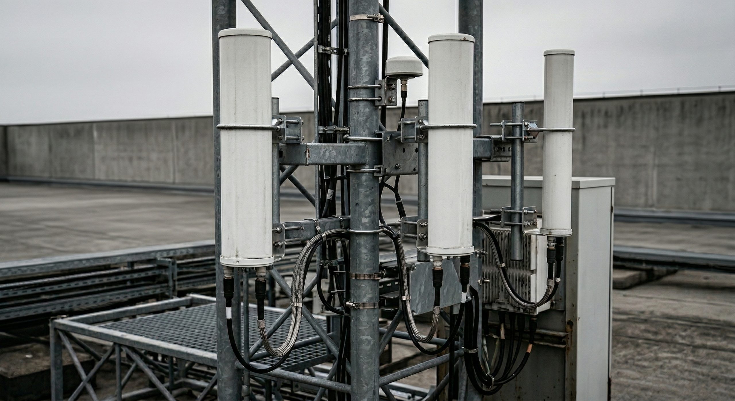 CorelixRF omnidirectional cylindrical antennas installed on rooftop RF mast with N-J connectors and cable assemblies