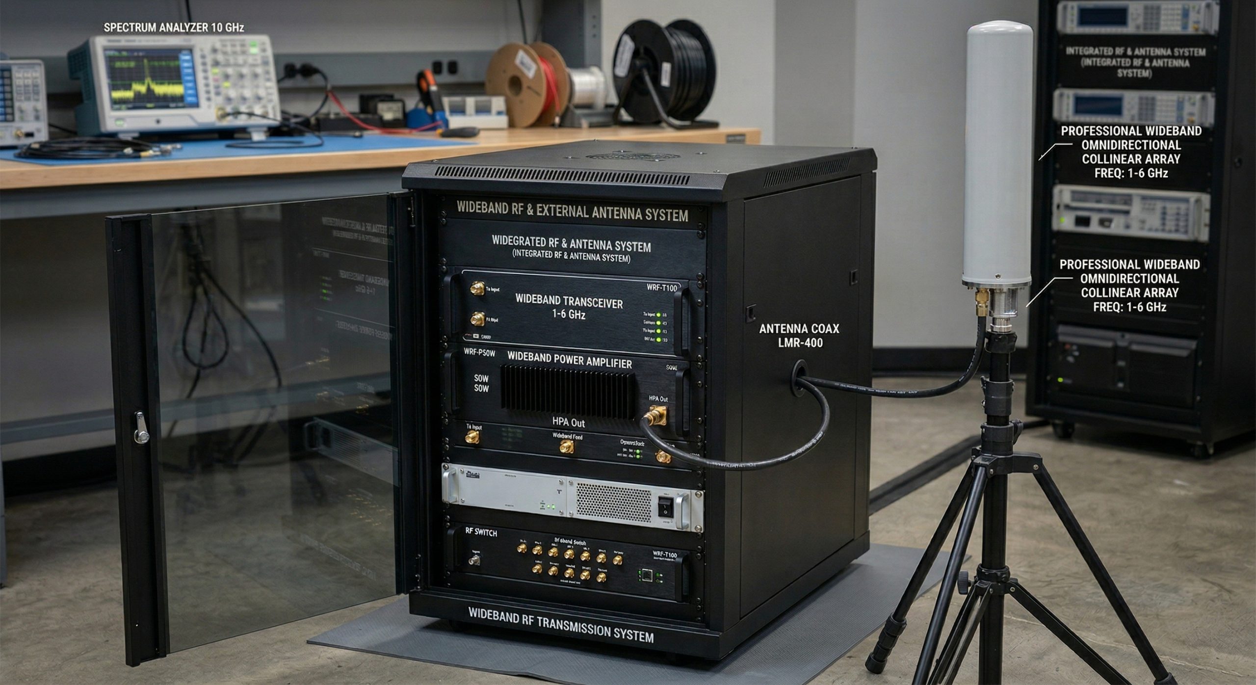 Wideband RF transmission system rack cabinet broadband antenna integration application