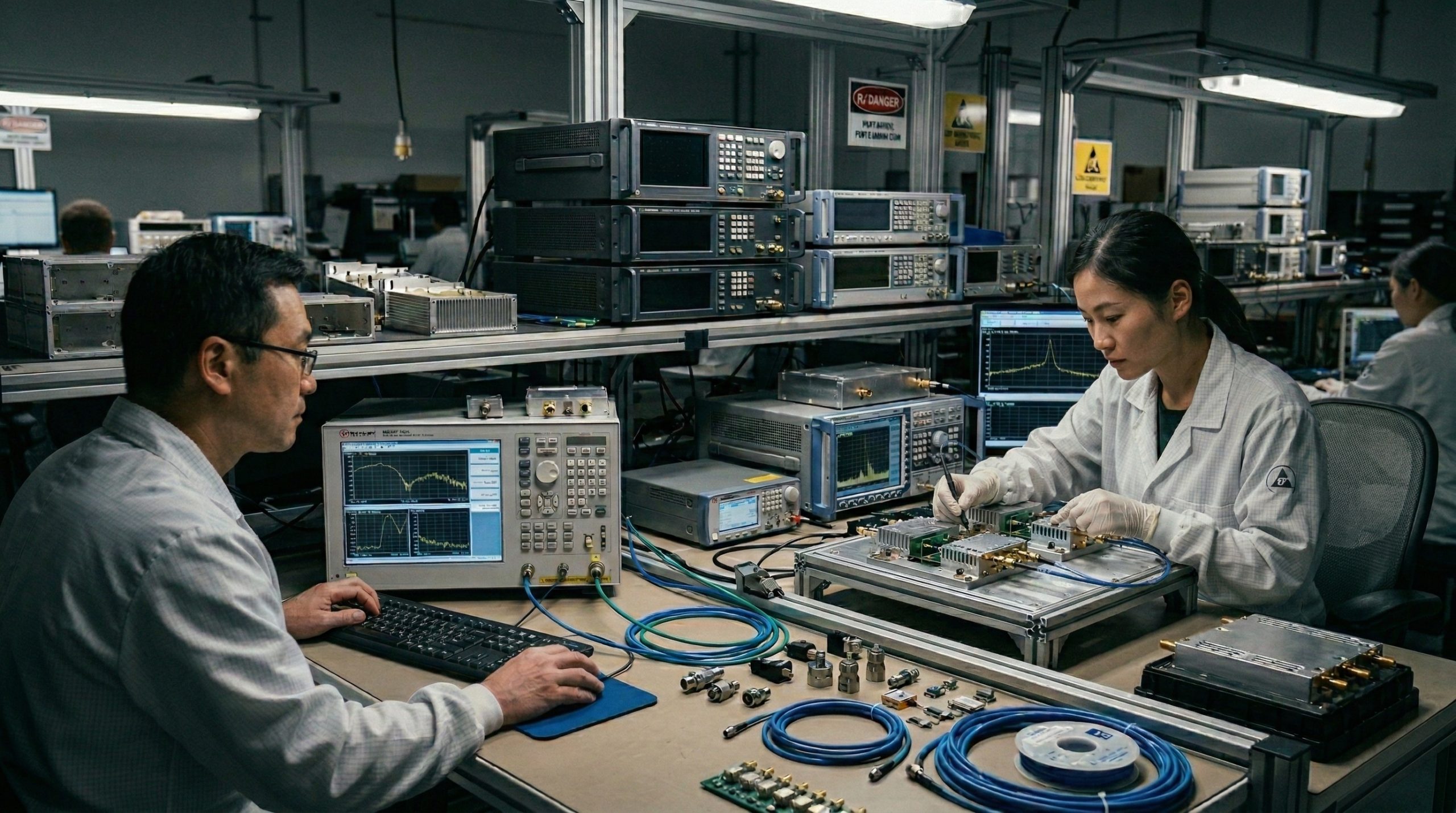 CorelixRF engineers testing RF power amplifier modules in factory