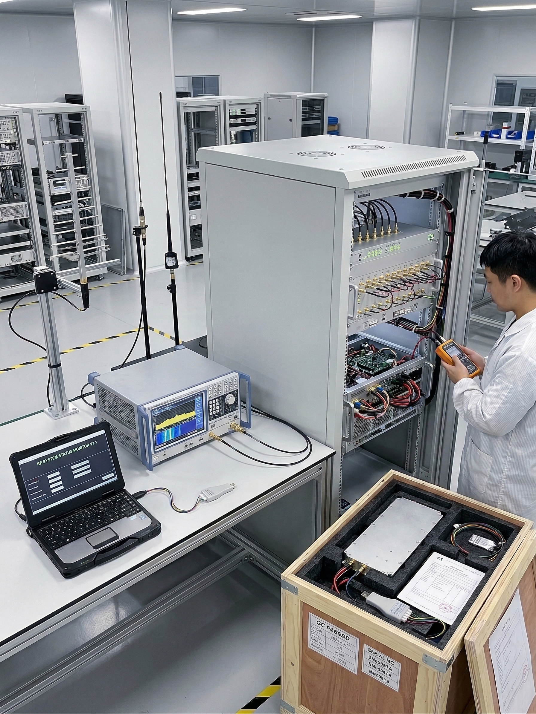 CorelixRF in-house SDR platform paired with factory-matched broadband omnidirectional antenna for spectrum monitoring