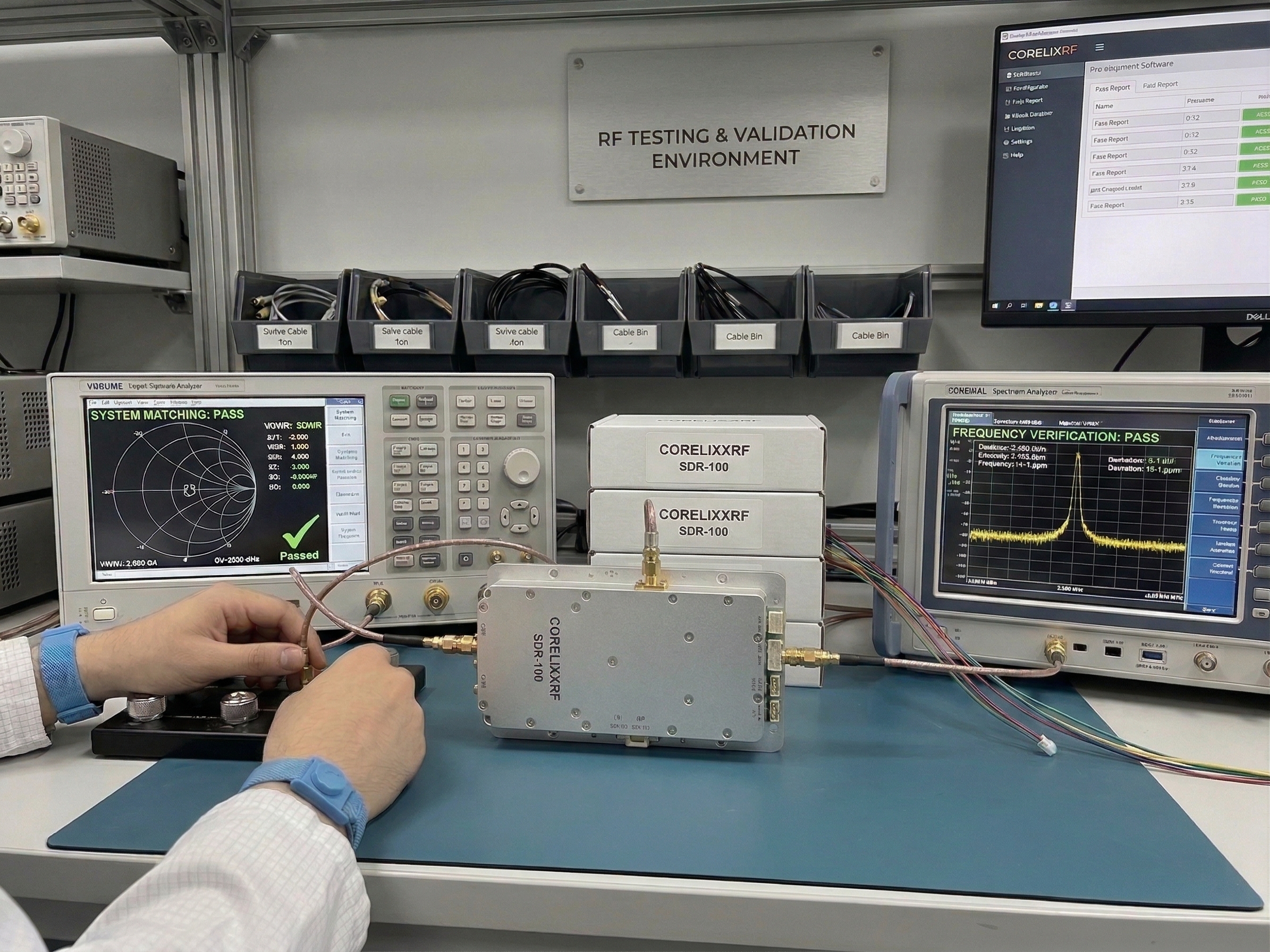 Wide-area fixed spectrum monitoring configuration — broadband omnidirectional antenna with CorelixRF SDR platform at permanent installation