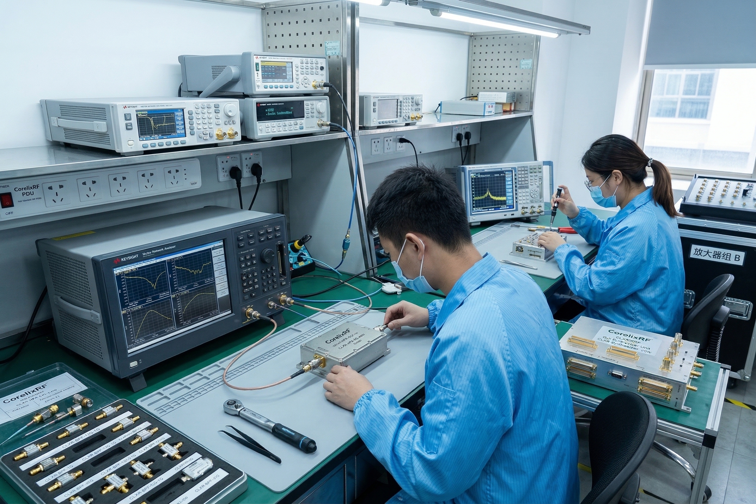 CorelixRF RF power amplifier module for factory-direct supply, with SMA-Female input, N-Female output, and model-dependent air-cooling configuration