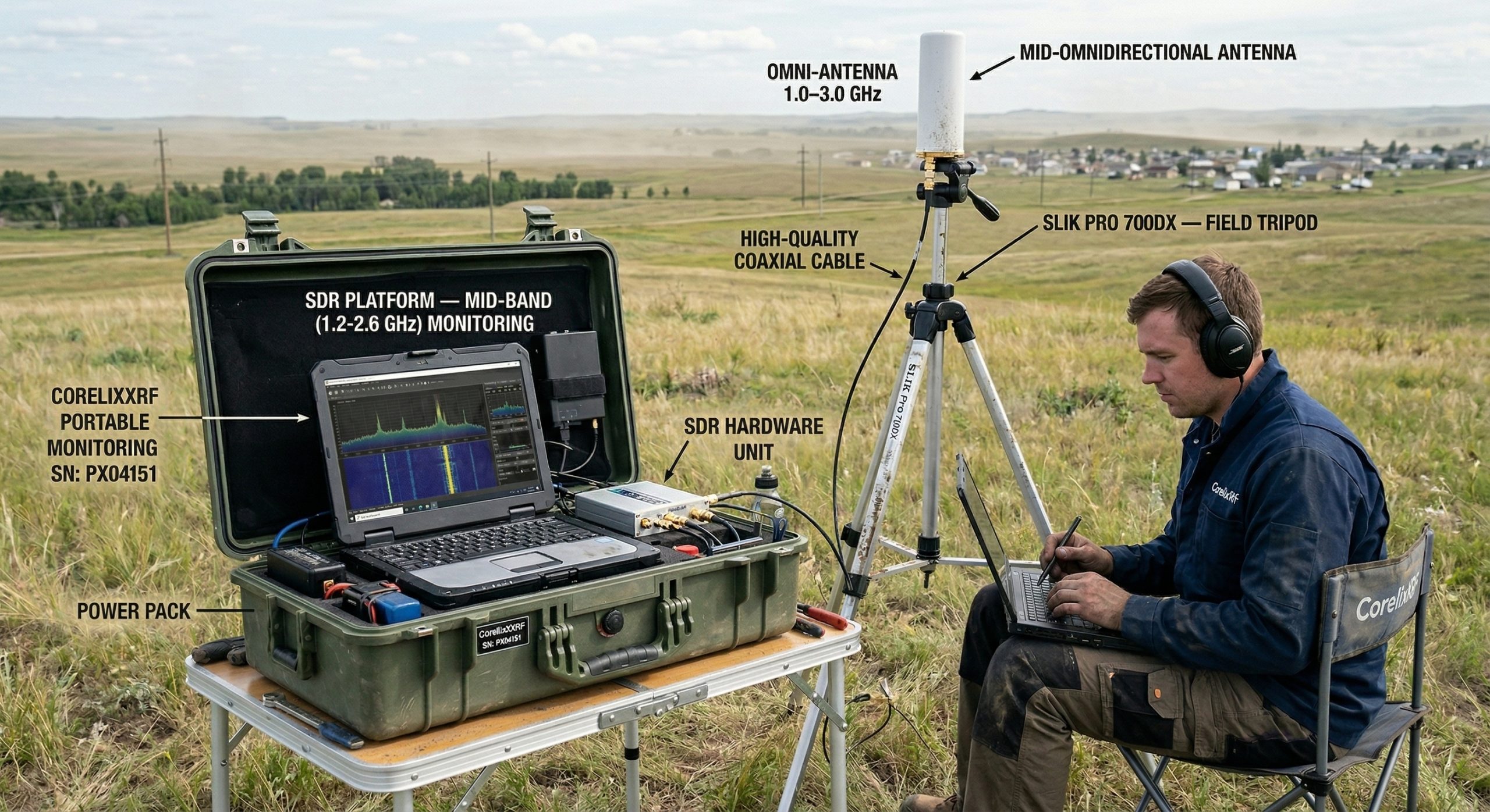 Portable field monitoring configuration — compact SDR platform with mid-band omnidirectional antenna on field tripod