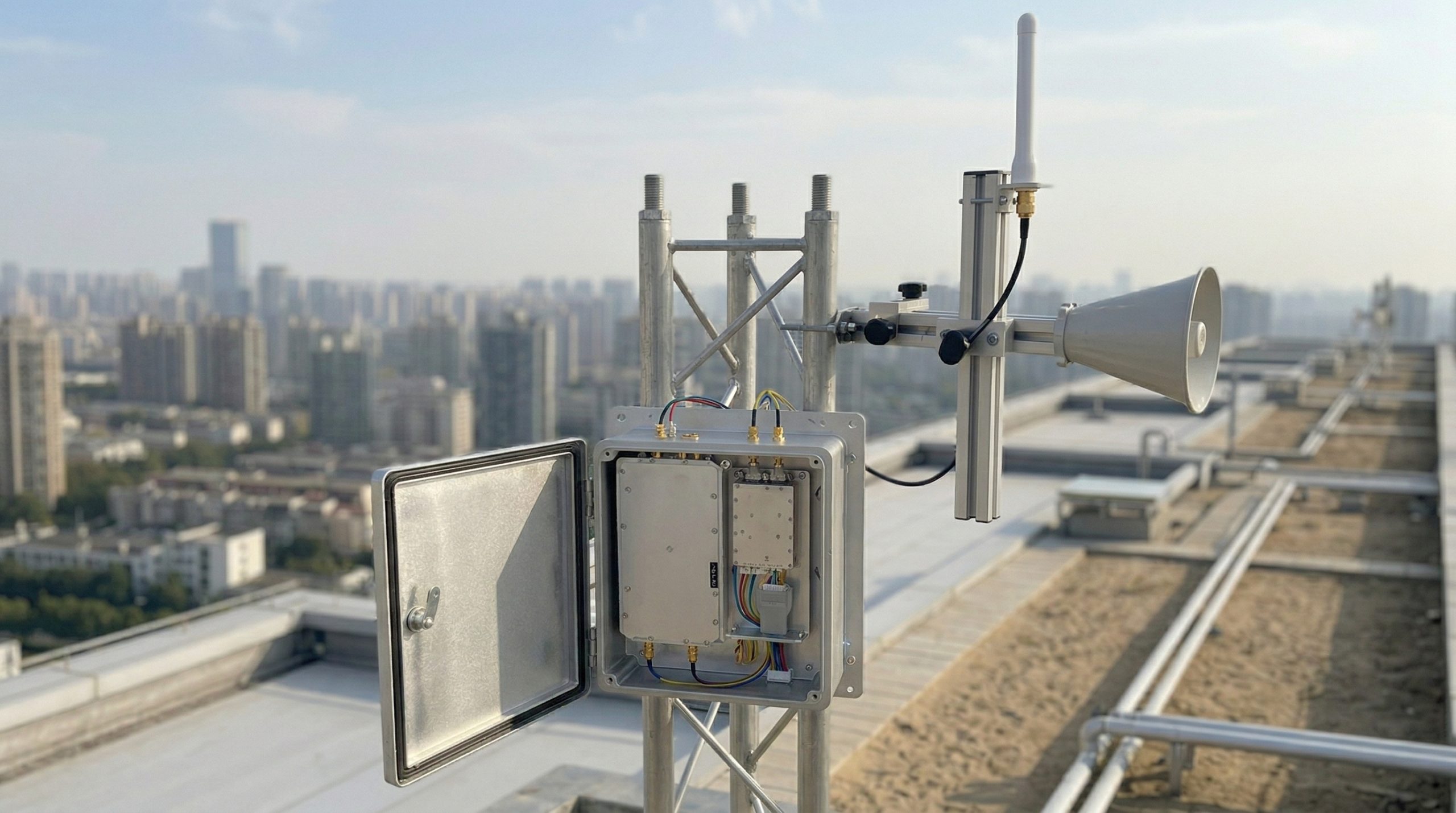 Fixed spectrum monitoring installation — mast-mounted omnidirectional antenna with SDR platform in equipment enclosure
