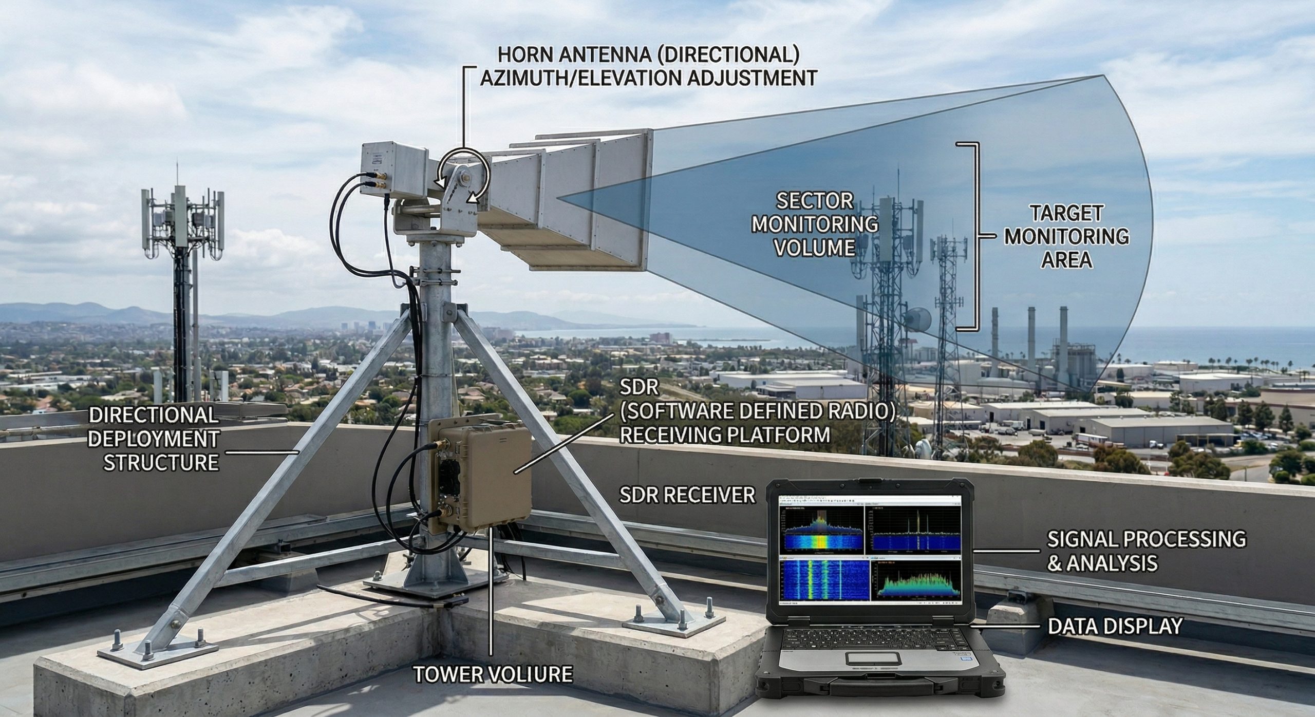 Directional sector monitoring installation — horn antenna aimed at defined sector with SDR receiving platform
