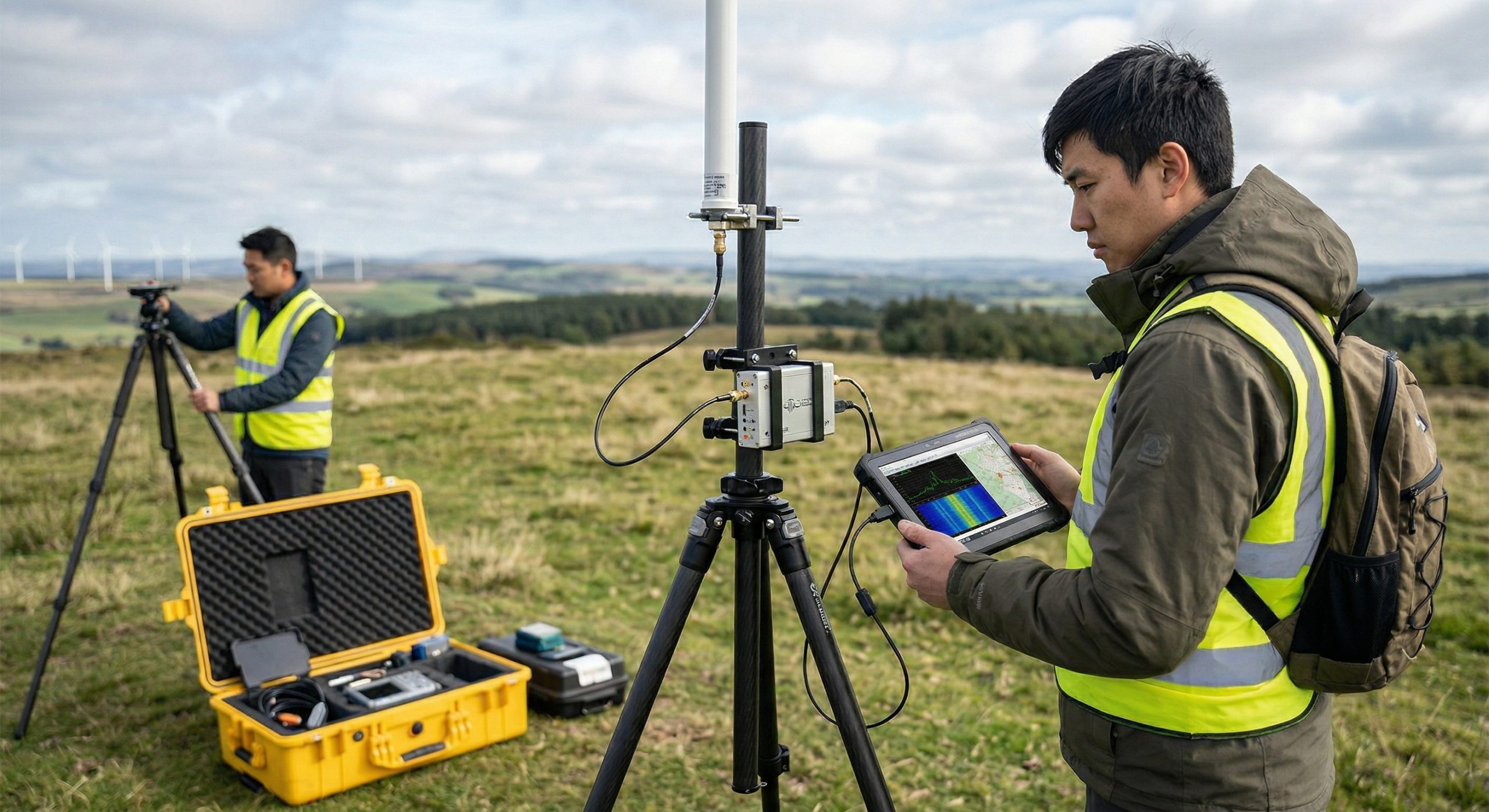 Portable field monitoring setup — compact SDR platform and mid-band omnidirectional antenna on tripod for site survey