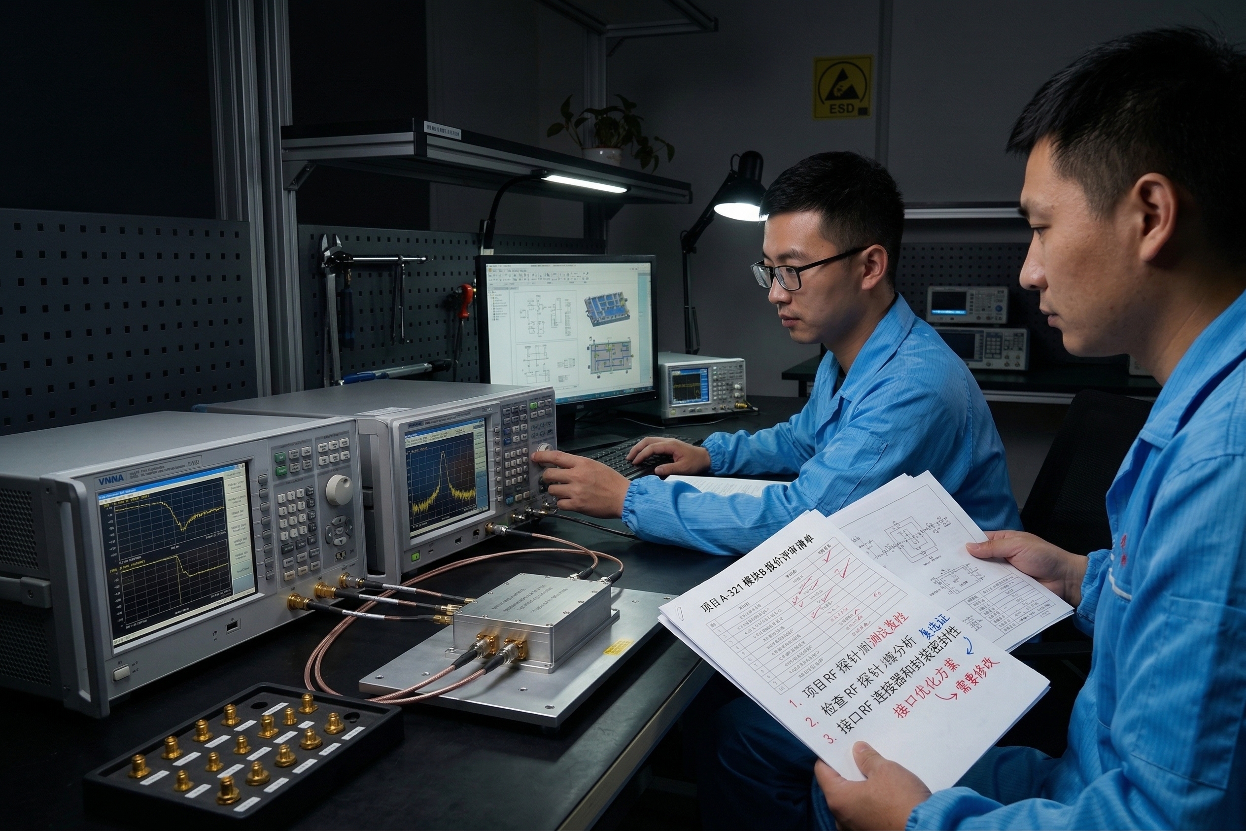 RF engineering review workbench with test equipment