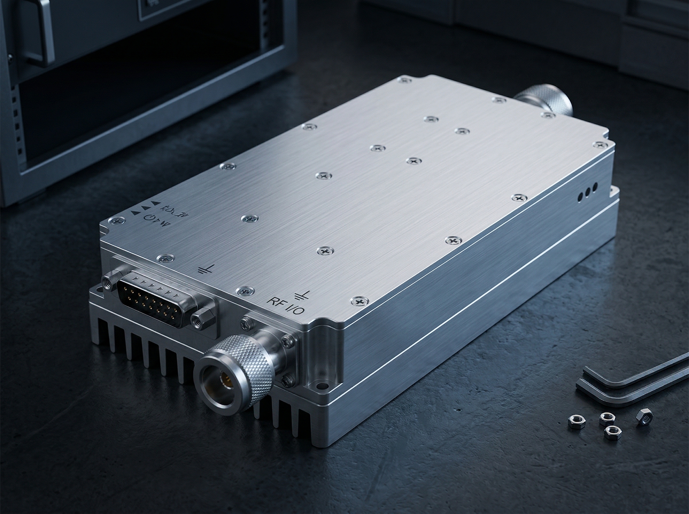 CorelixRF 300–2700 MHz GaN RF power amplifier module — top view showing RF connectors, heatsink baseplate, and housing structure