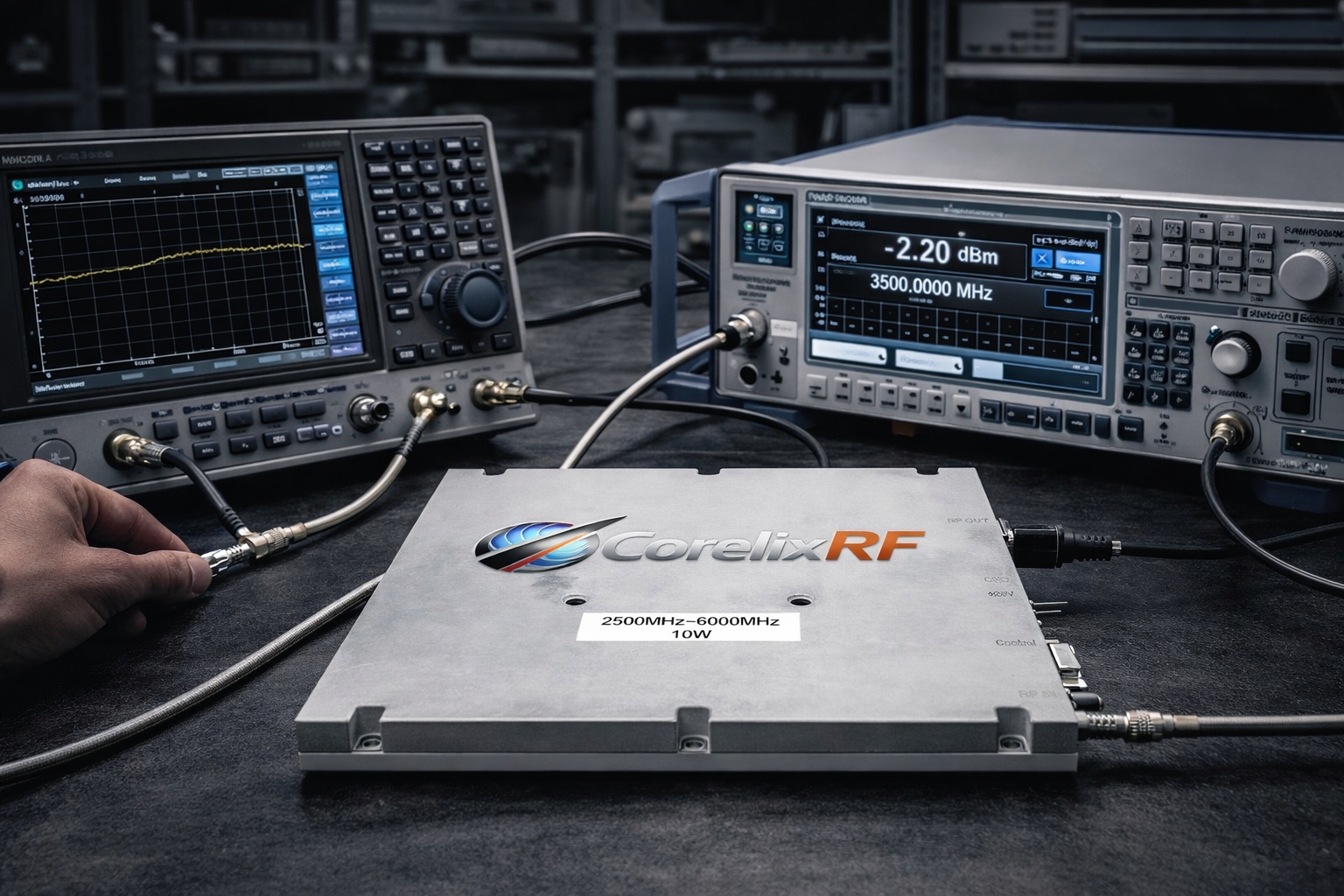CorelixRF engineering team at RF test bench