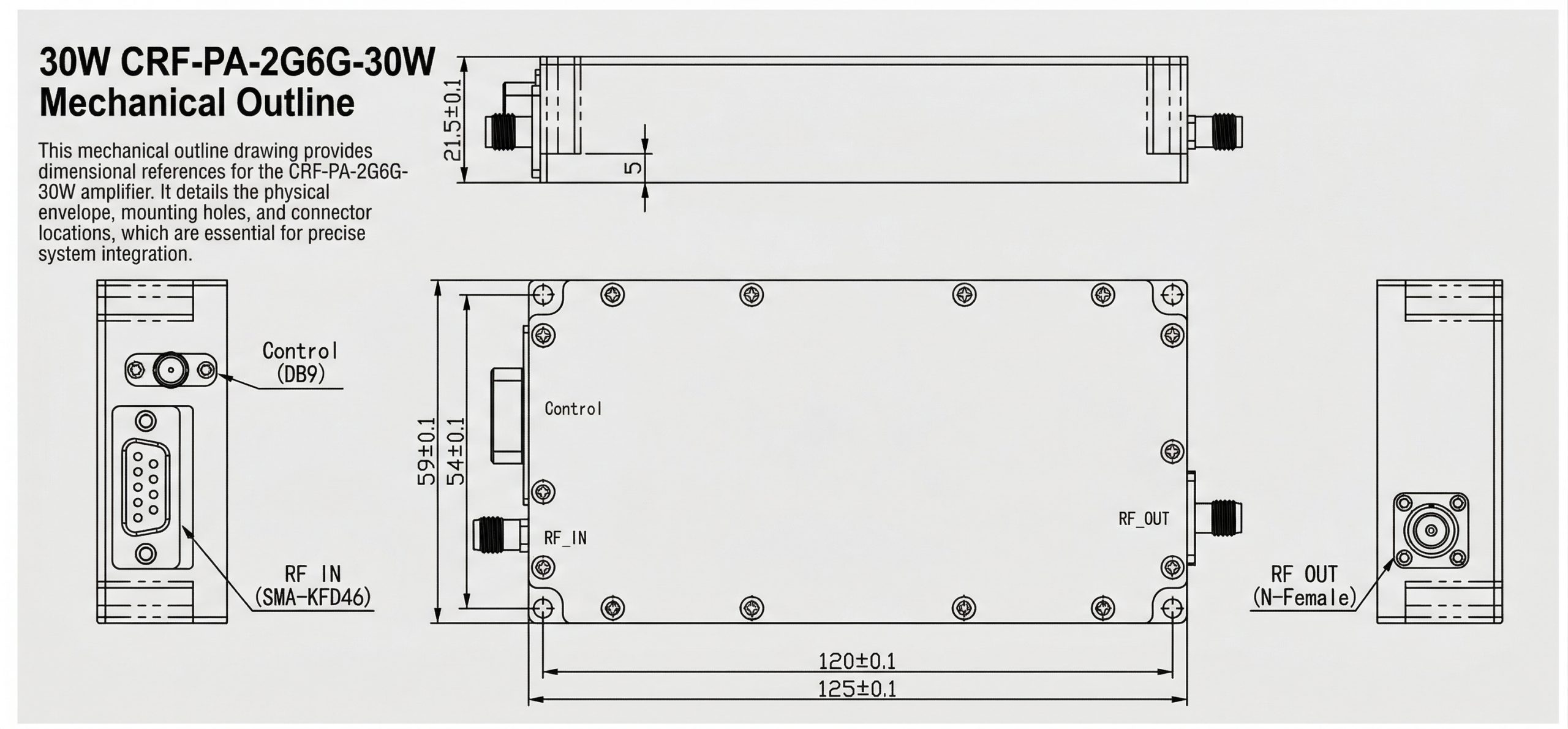 CRF-PA-2G6G-30W Mechanical Outline — 125×59×21.5mm