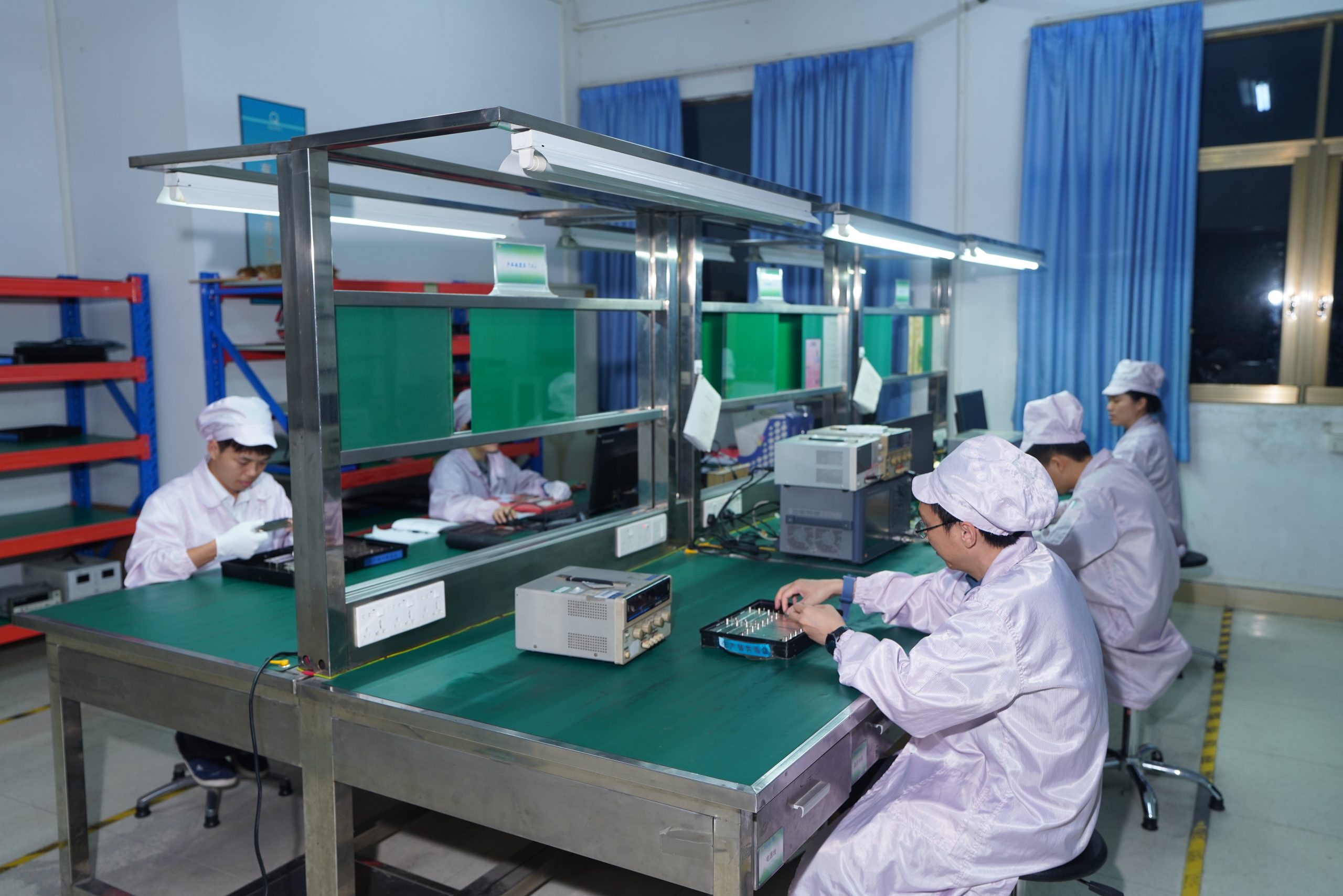 CorelixRF factory RF test bench — replace with real photo of CorelixRF test area showing amplifier connected to spectrum analyzer, signal source, power meter, and coupler