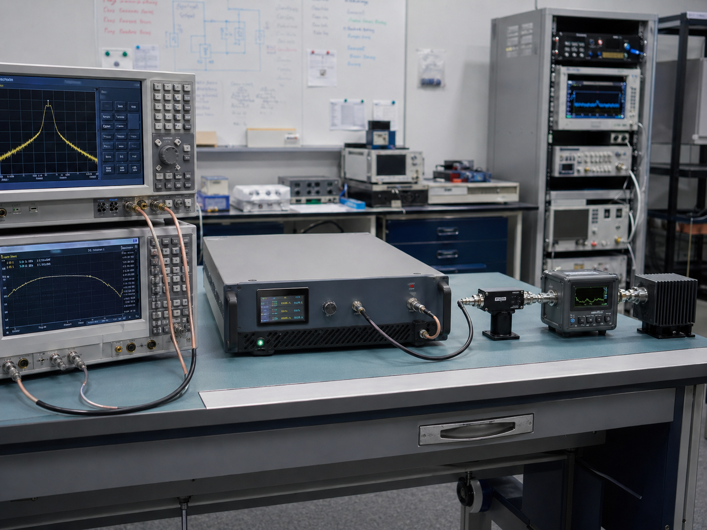 CorelixRF RF testing bench with amplifier and instruments