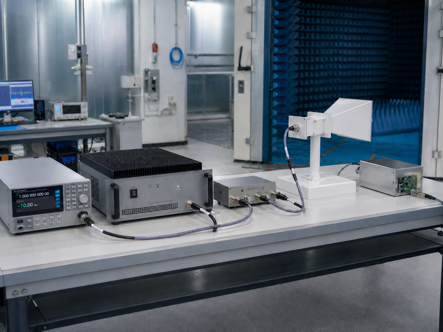 EMC immunity RF hardware chain — replace with photo showing broadband power amplifier, directional coupler, and antenna fixture in a laboratory or EMC-related test environment