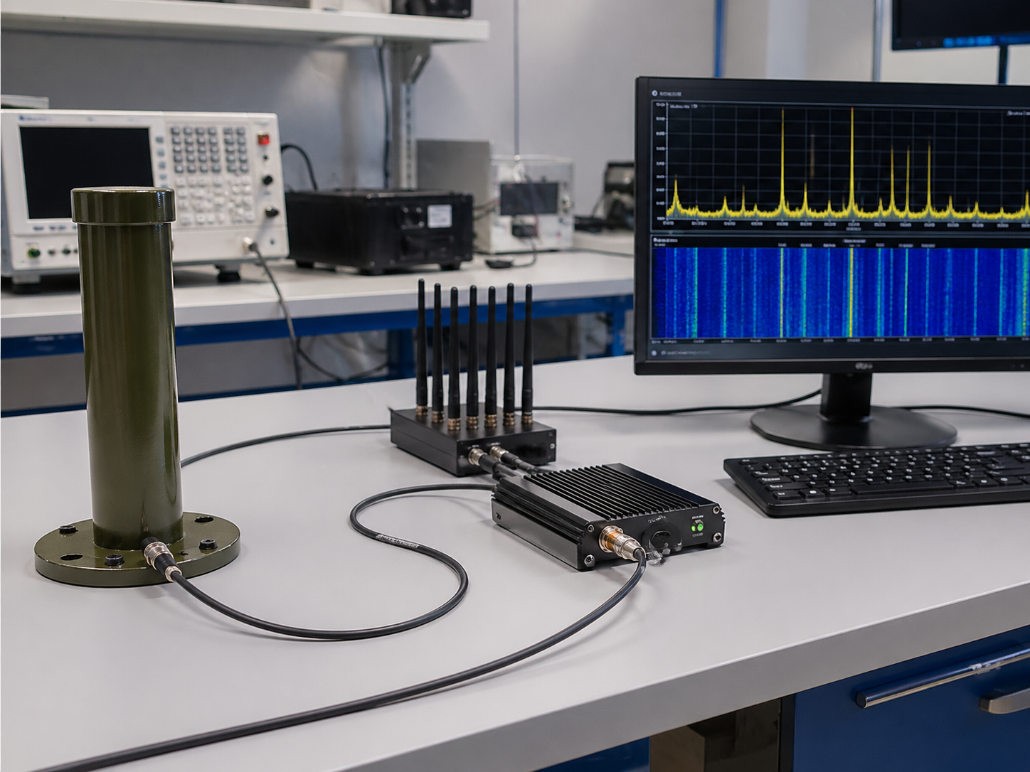 RF receiving and monitoring laboratory setup — replace with photo showing receiving antenna, SDR receiver module, and host analysis workstation in a clean RF lab environment
