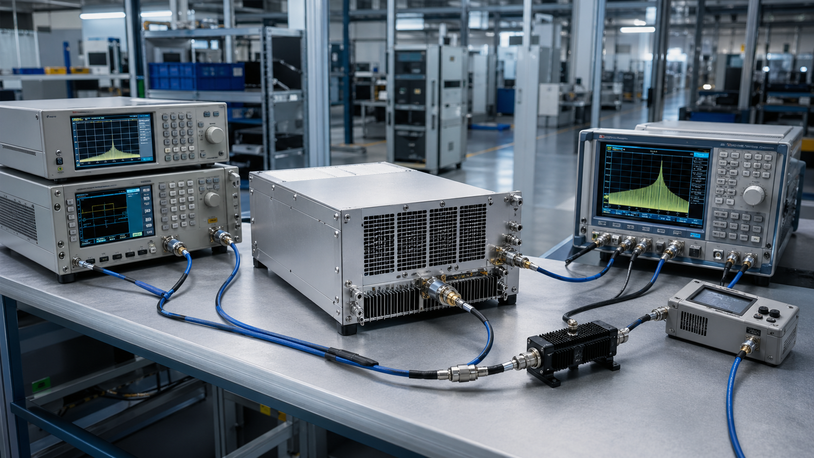 RF laboratory test bench with signal generators and spectrum analyzers