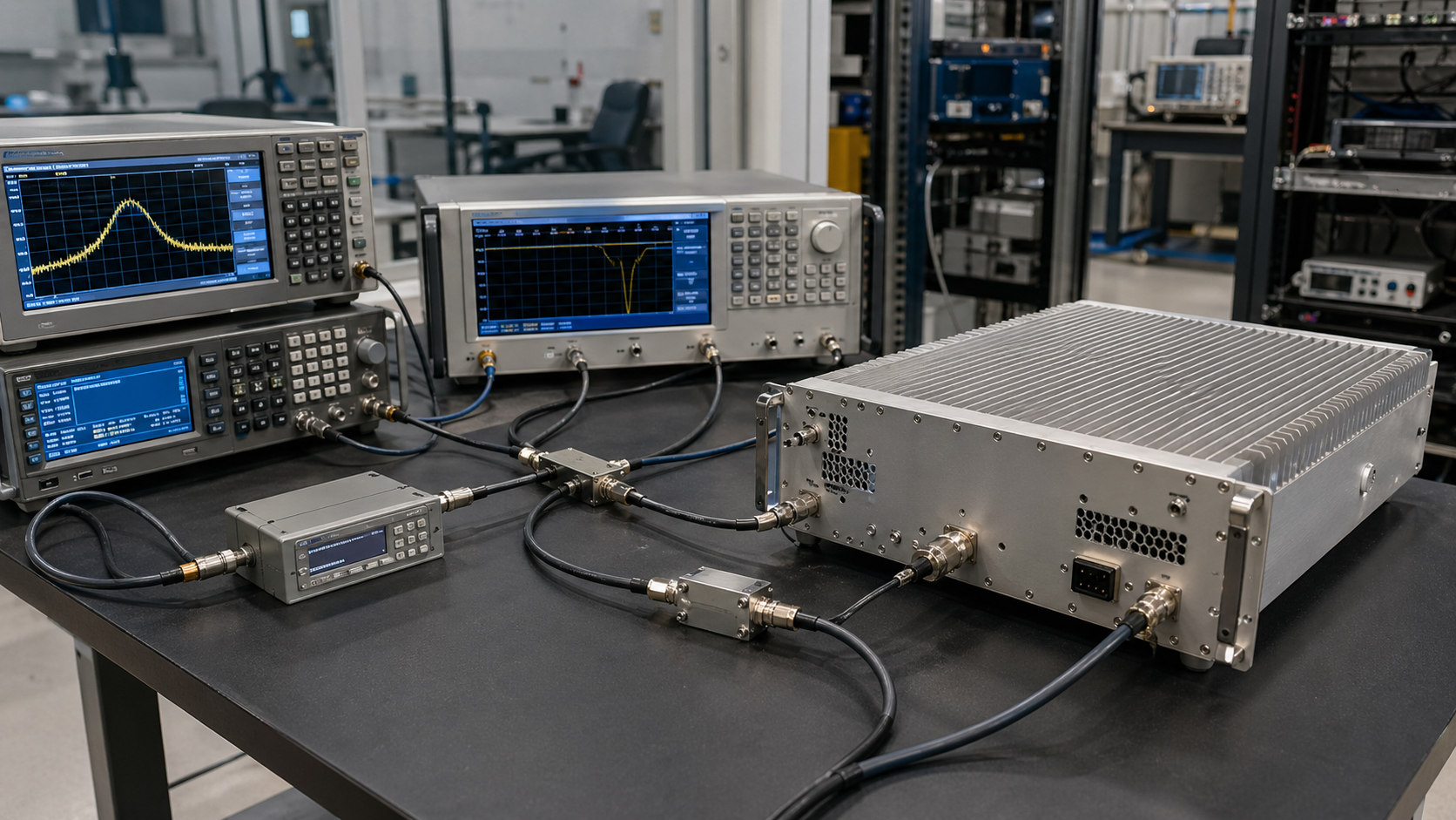 CorelixRF high frequency RF engineering test bench with RF instruments and coaxial cables