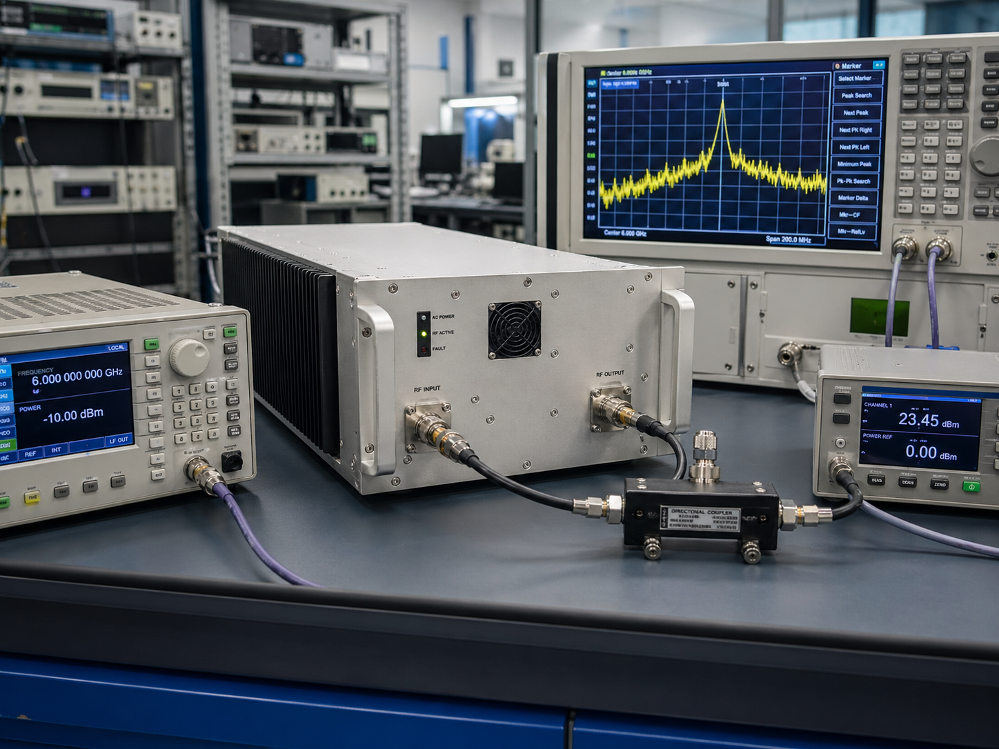 18-40 GHz mmWave RF amplifier factory testing and measurement setup