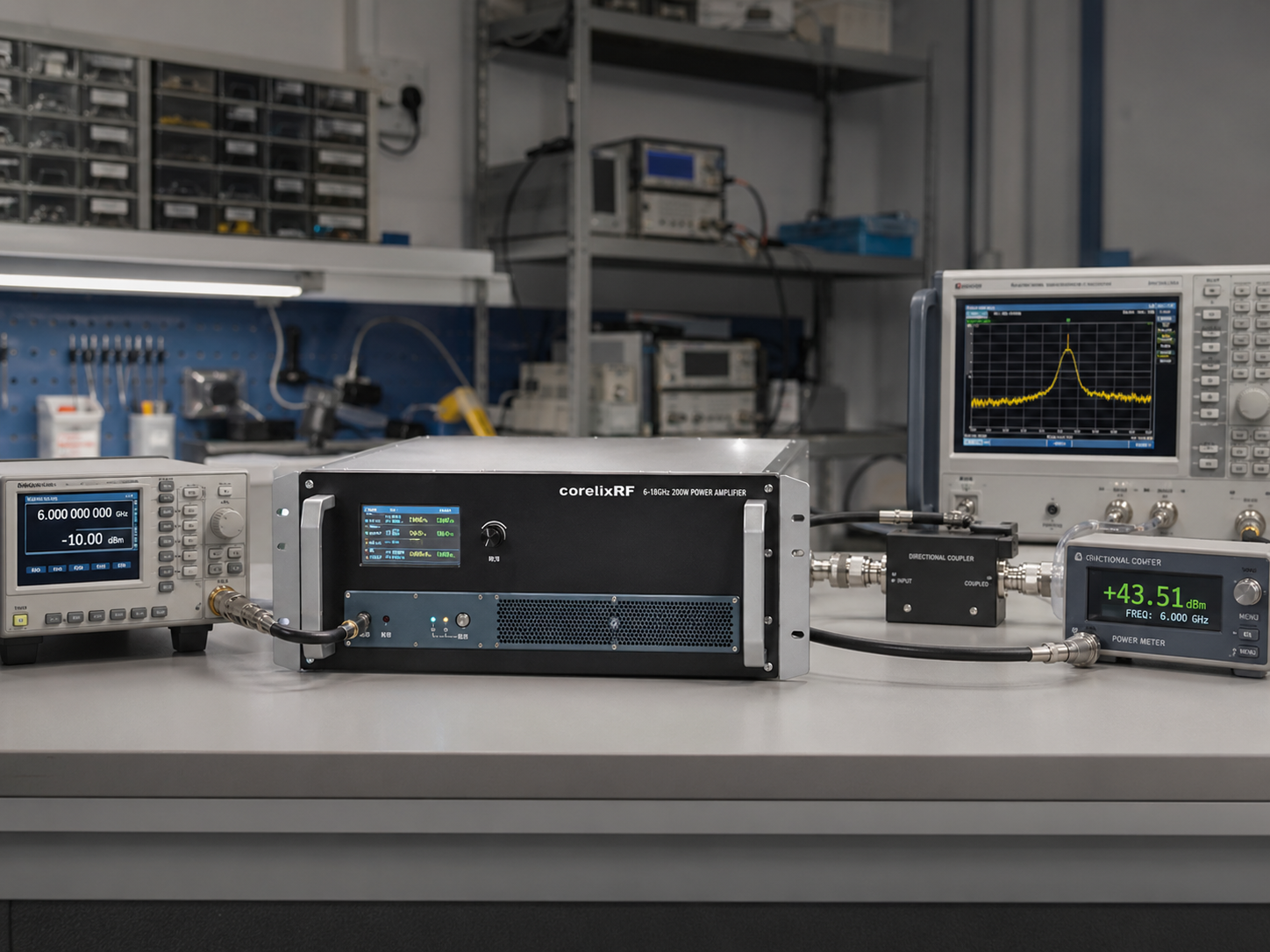 CorelixRF RF engineering workstation with electronic test equipment