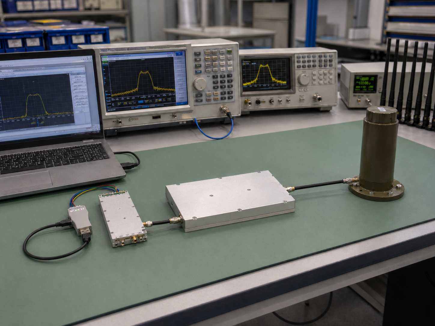 CorelixRF custom RF system integration with rack-mounted amplifier and test equipment