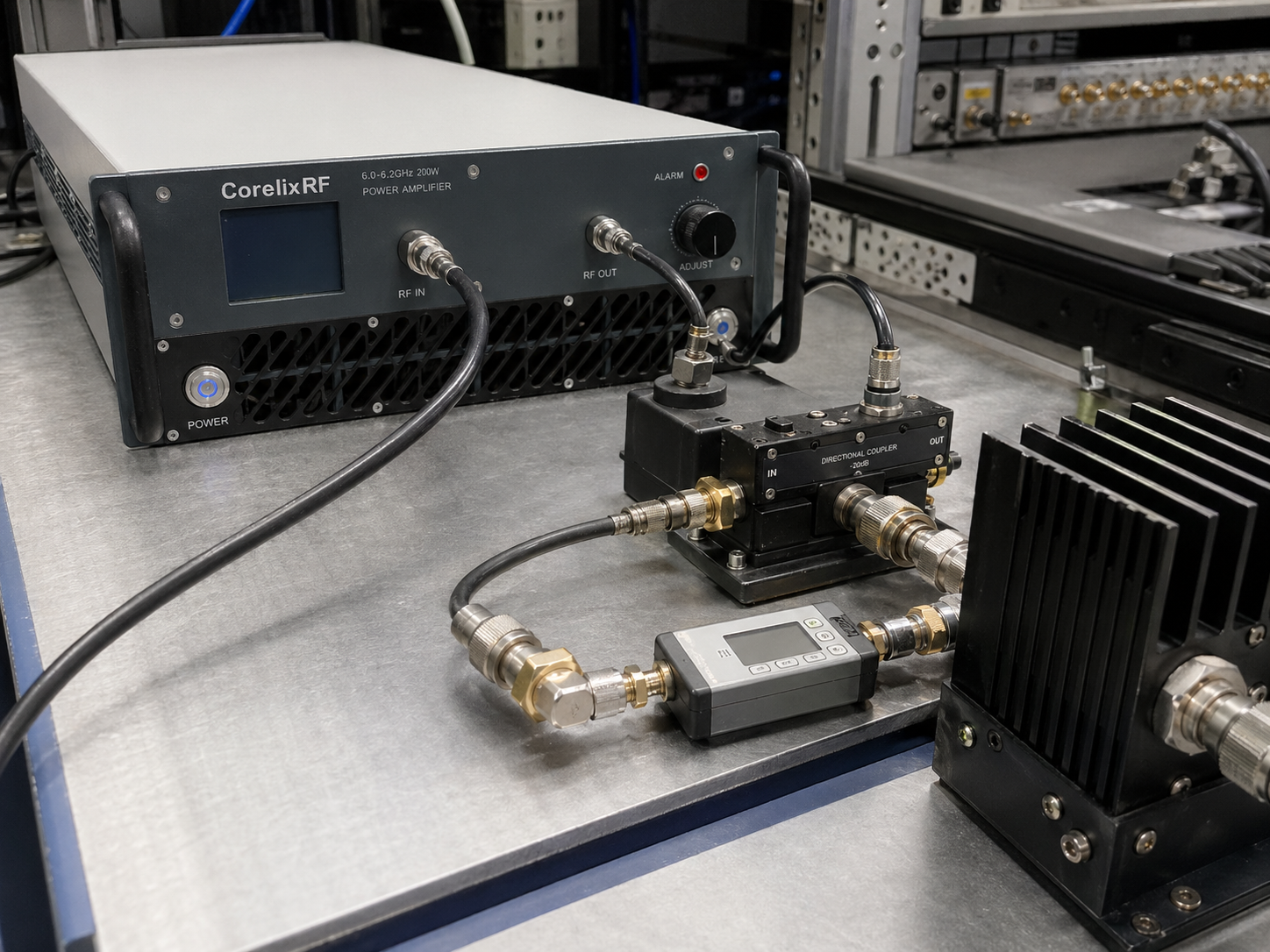 RF amplifier setup connected to test equipment