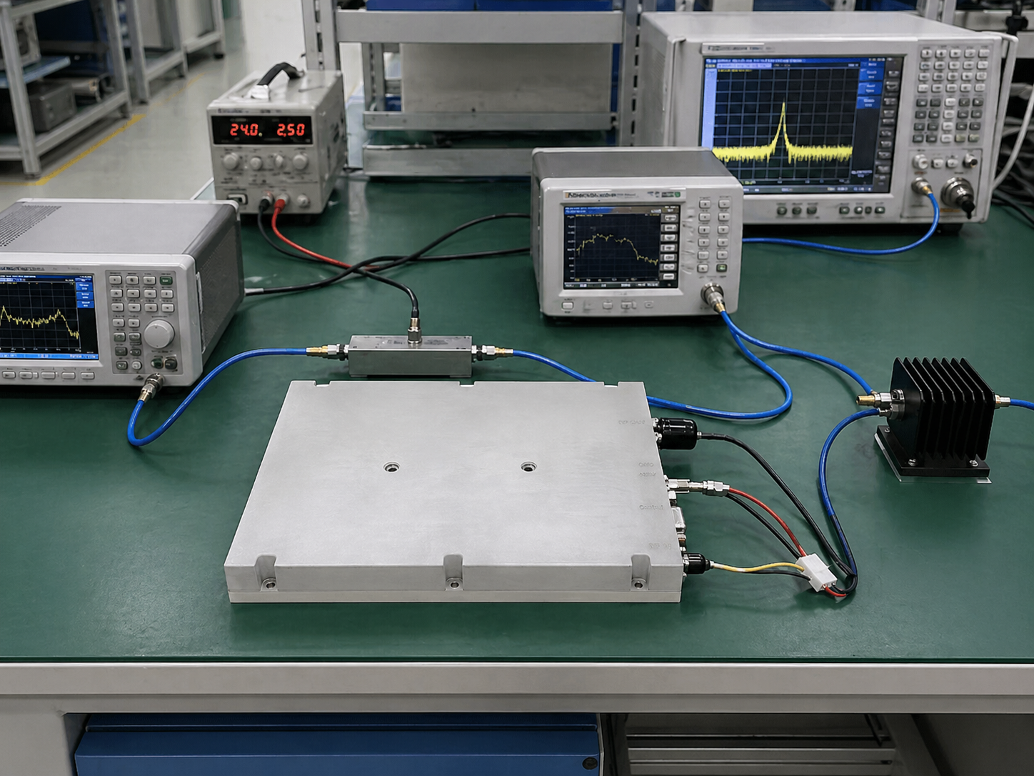 SDR signal source and RF amplifier integrated system on test bench