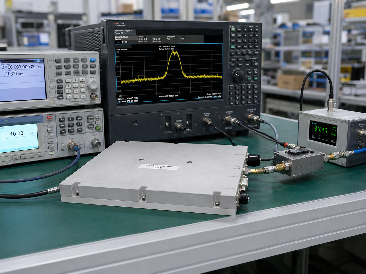 CorelixRF factory RF test bench — replace with real photo of CorelixRF amplifier under test connected to spectrum analyzer, power meter, and signal source