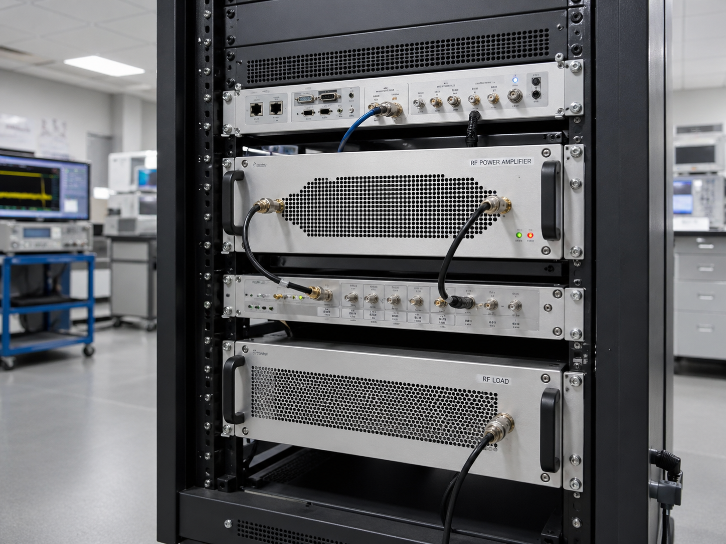 Rack-mounted RF automated test system — replace with photo showing RF PA modules in rack chassis with control interface connectors, switching hardware, and cooling structure