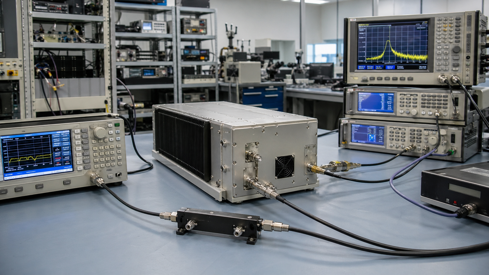 RF test bench with instruments and amplifiers