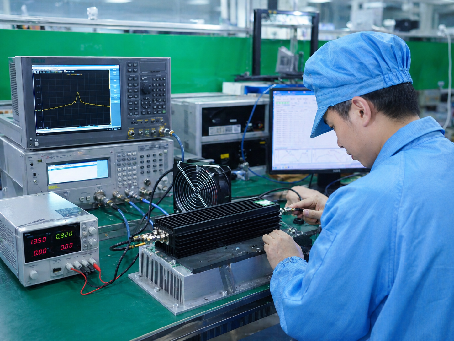 Basic RF test bench — replace with photo showing RF signal source, amplifier, coupler, spectrum analyzer, and power meter on an engineering bench with coaxial cable connections