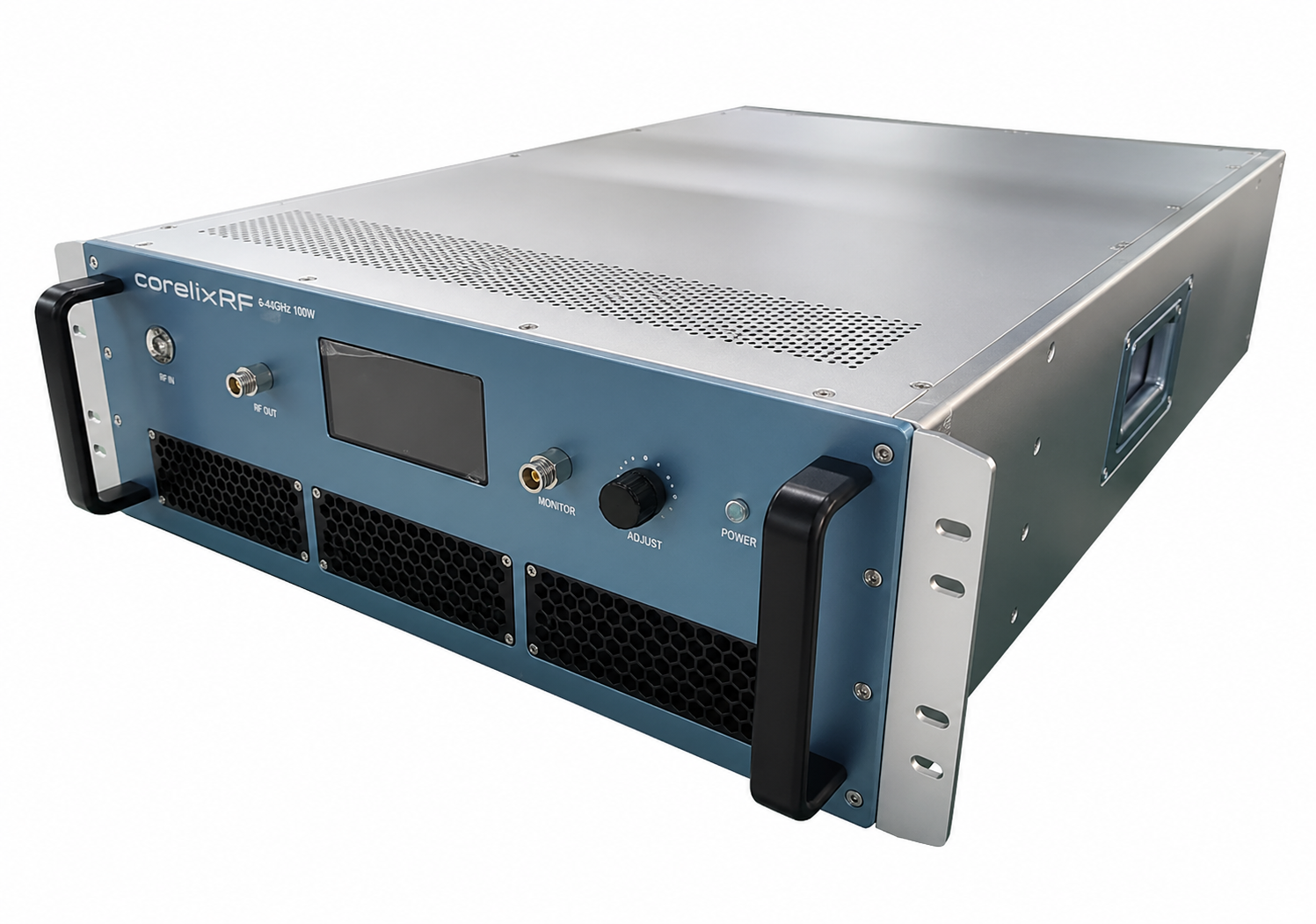Wideband microwave RF amplifier test chain with signal generator coupler load power meter and spectrum analyzer