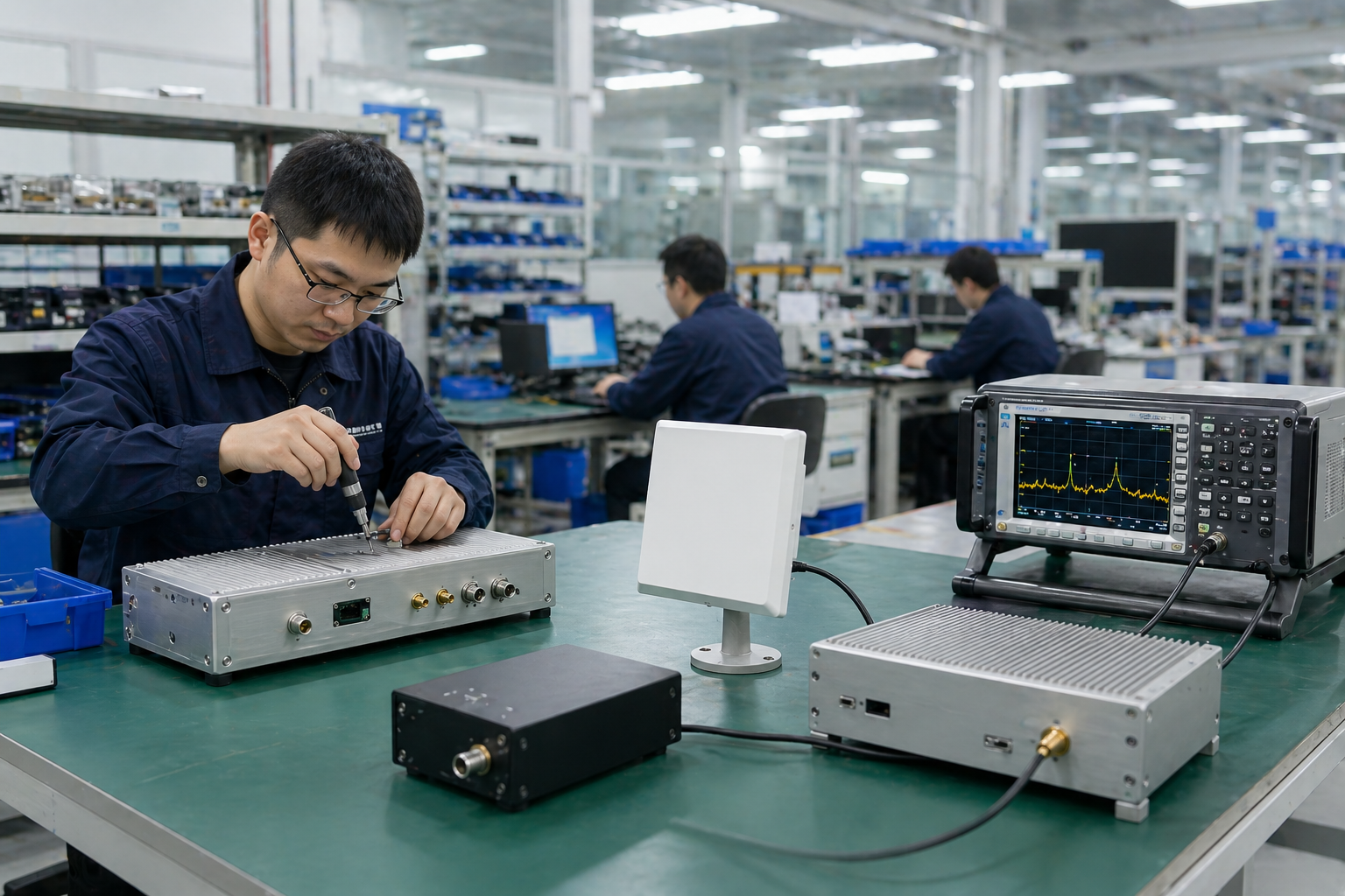 CorelixRF RF test bench — replace with real photo showing RF power amplifier, signal source, spectrum analyzer, power meter, directional coupler, and coaxial cables in a clean engineering lab environment