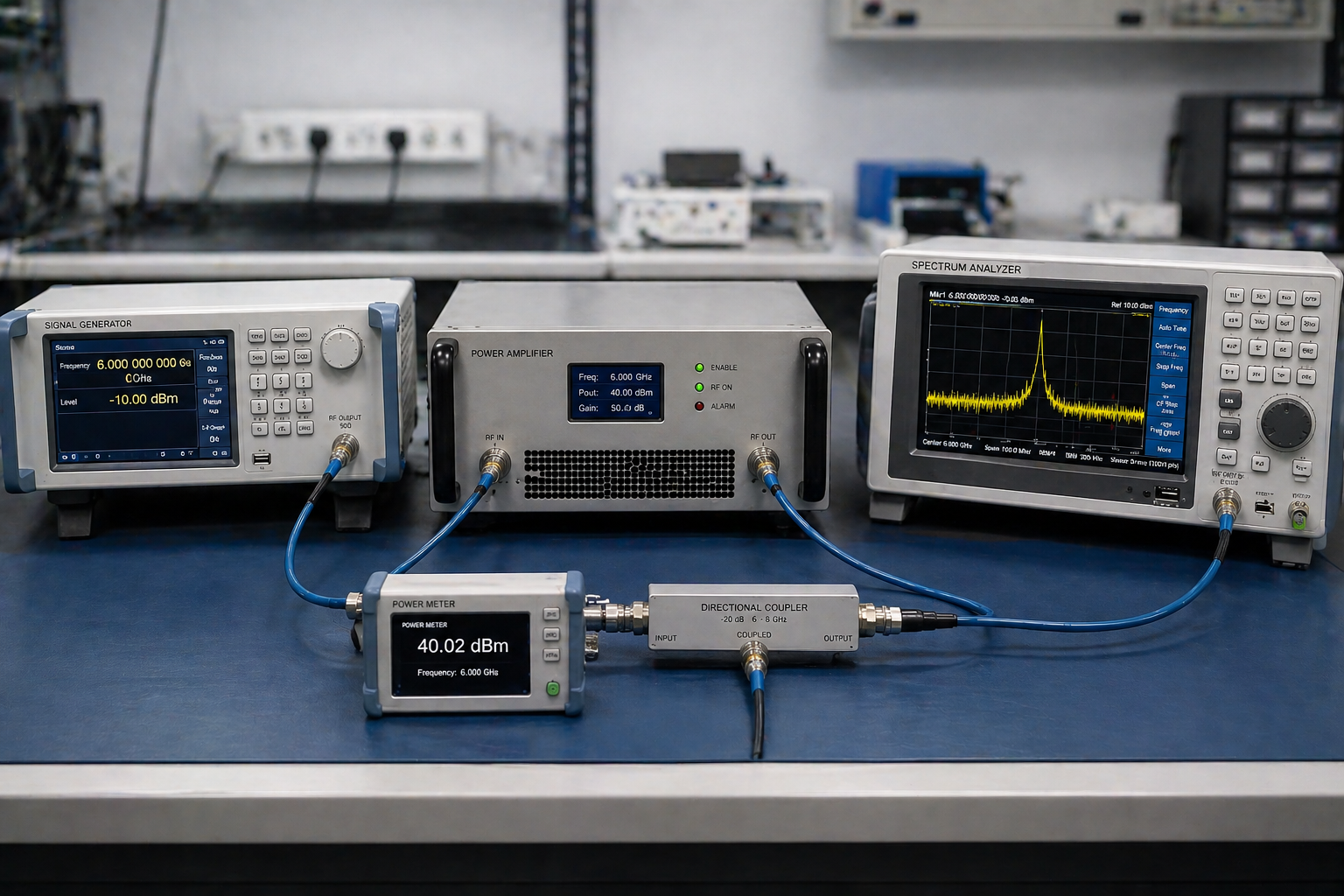 RF test and measurement bench with signal generator and spectrum analyzer