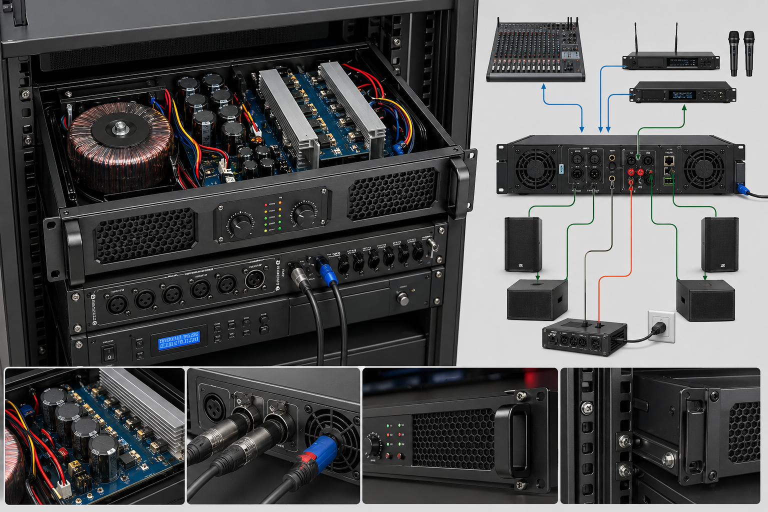 Rack-mounted RF system integration with amplifier and coaxial cables
