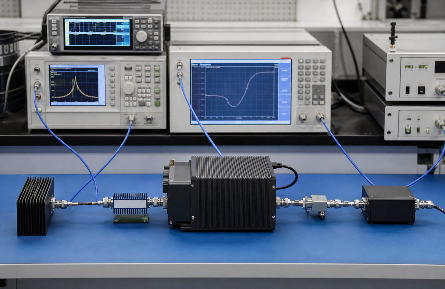 Conducted RF test platform with RF amplifier and instruments