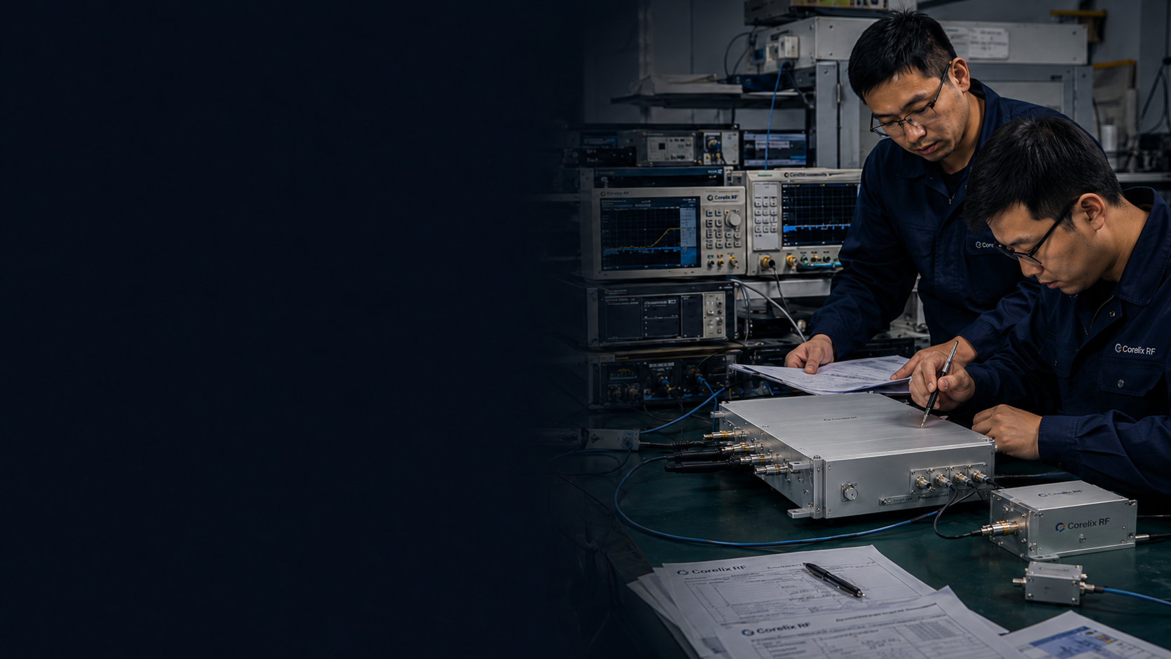 CorelixRF RF testing laboratory with power amplifier, signal generator, spectrum analyzer and engineering review