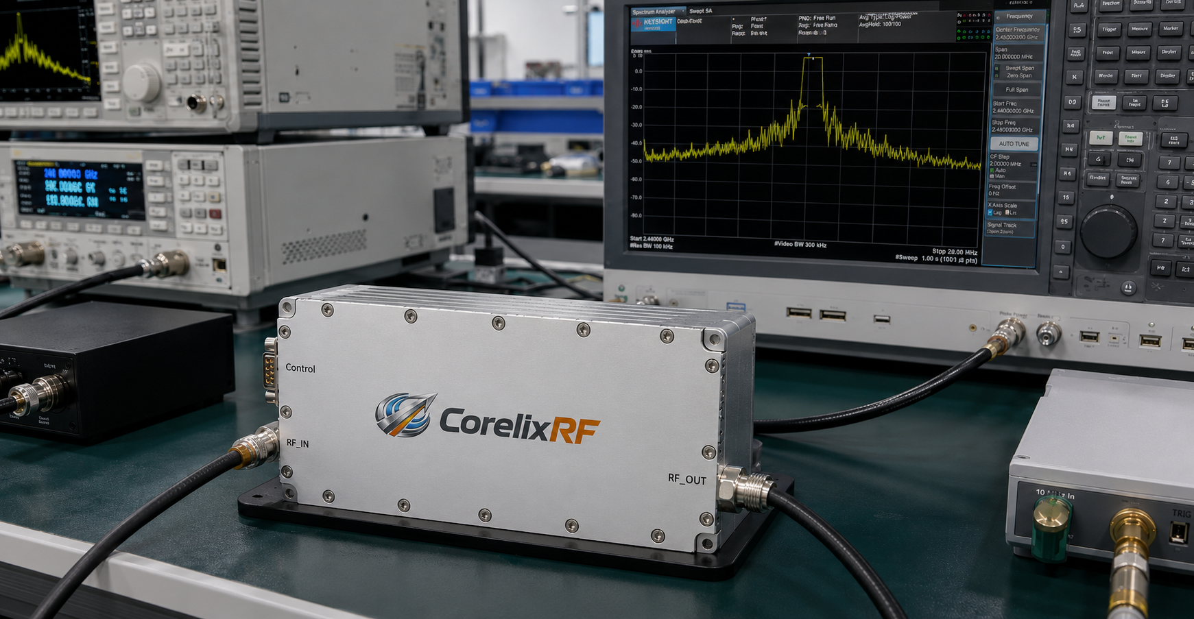 CorelixRF standard CW RF amplifier platform on test bench