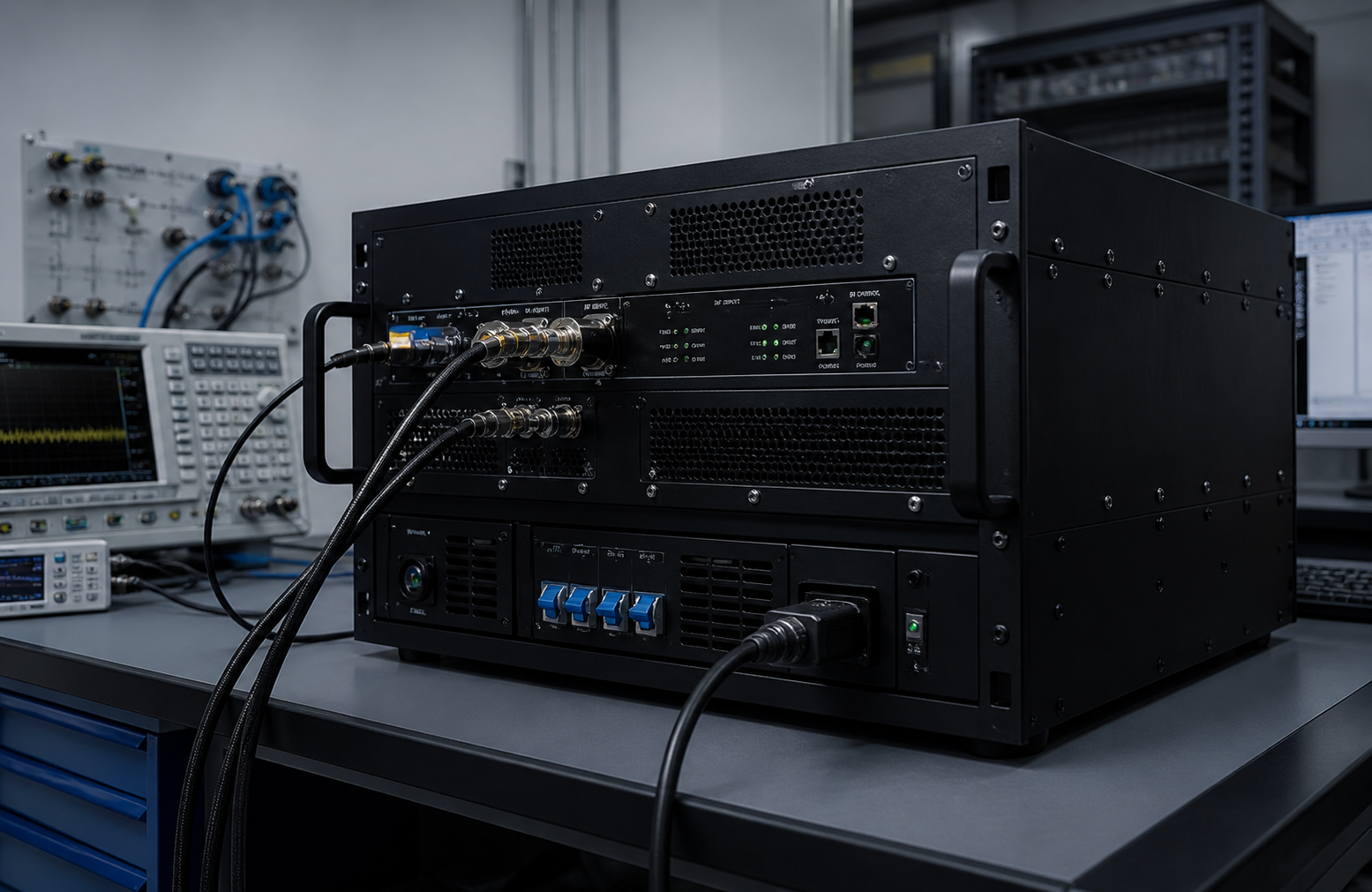 Custom rack-mounted EMC RF amplifier integration with cooling and RF connectors