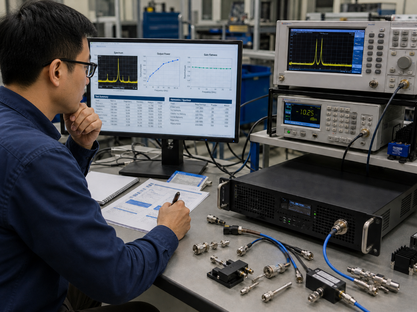 Engineer reviewing RF test data and amplifier validation results