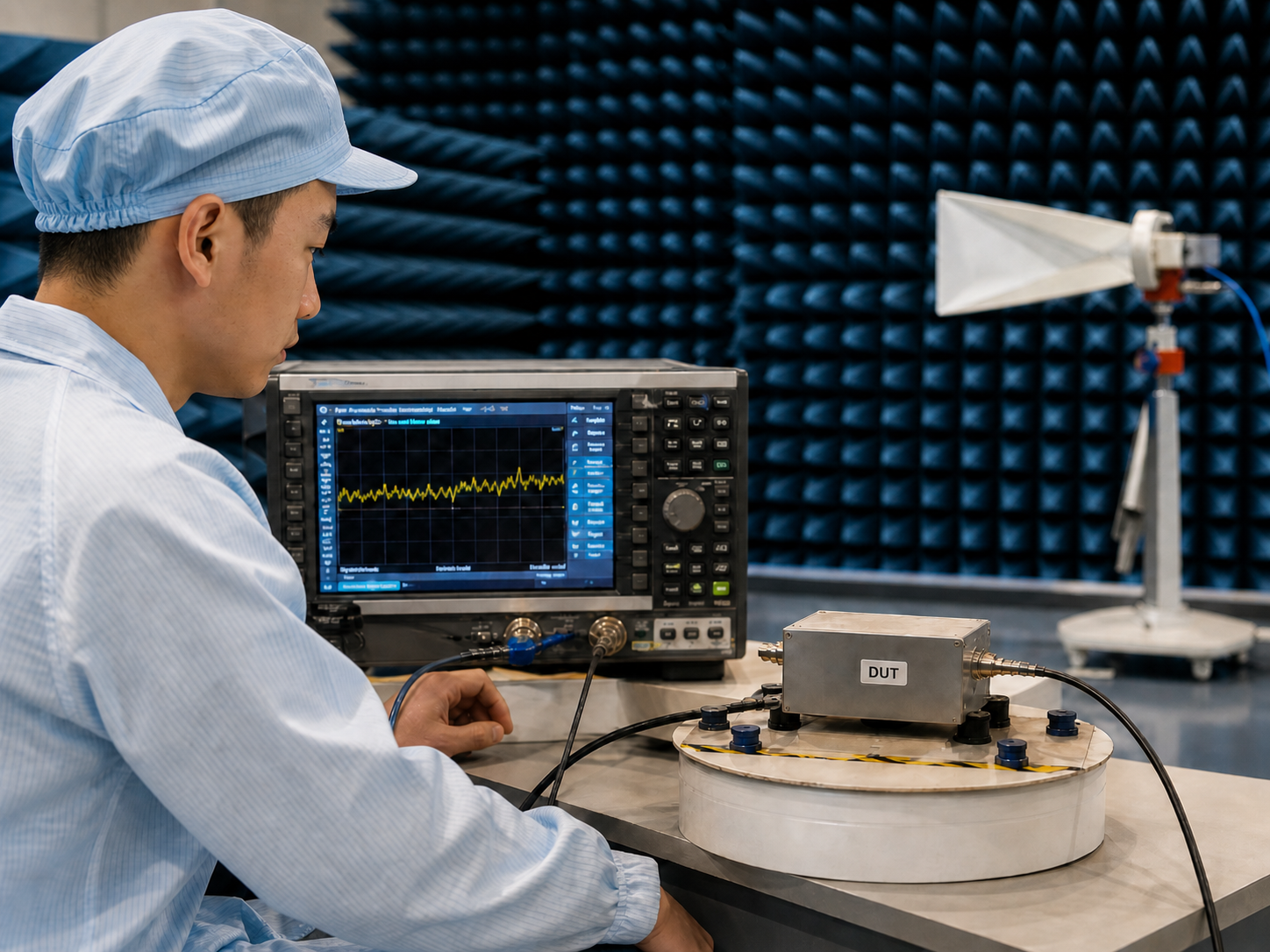 Engineer reviewing RF amplifier test data and EMC amplifier configuration