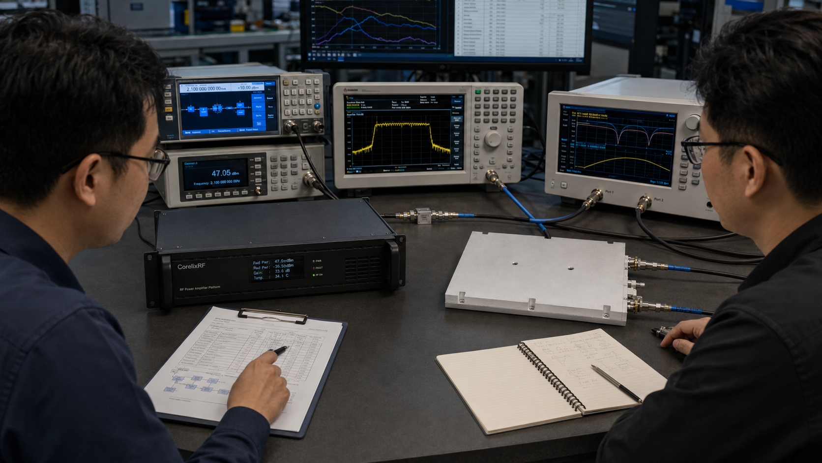CorelixRF engineers reviewing RF amplifier measurements