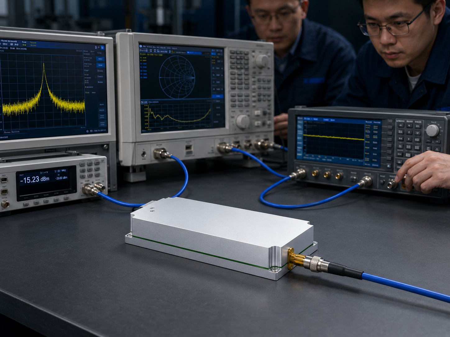 Factory RF testing setup for narrowband RF power amplifier