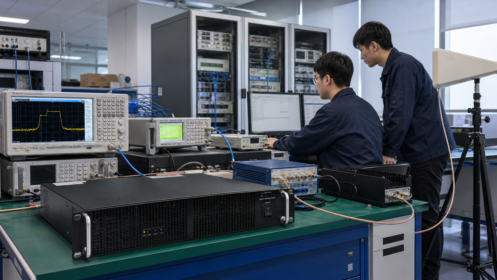 Custom RF development engineering test bench with RF instruments