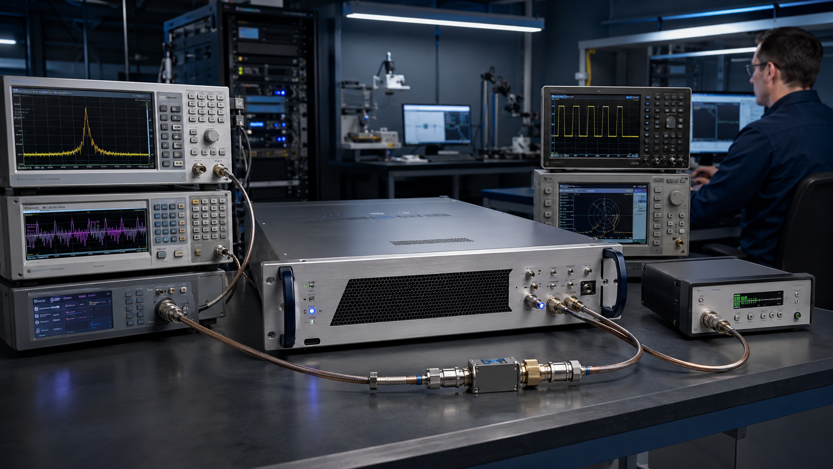 Pulsed RF amplifier test bench with RF instruments and coaxial cables
