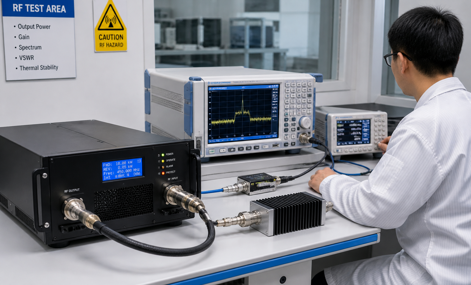 RF amplifier connected to signal generator spectrum analyzer power meter coupler attenuator and load