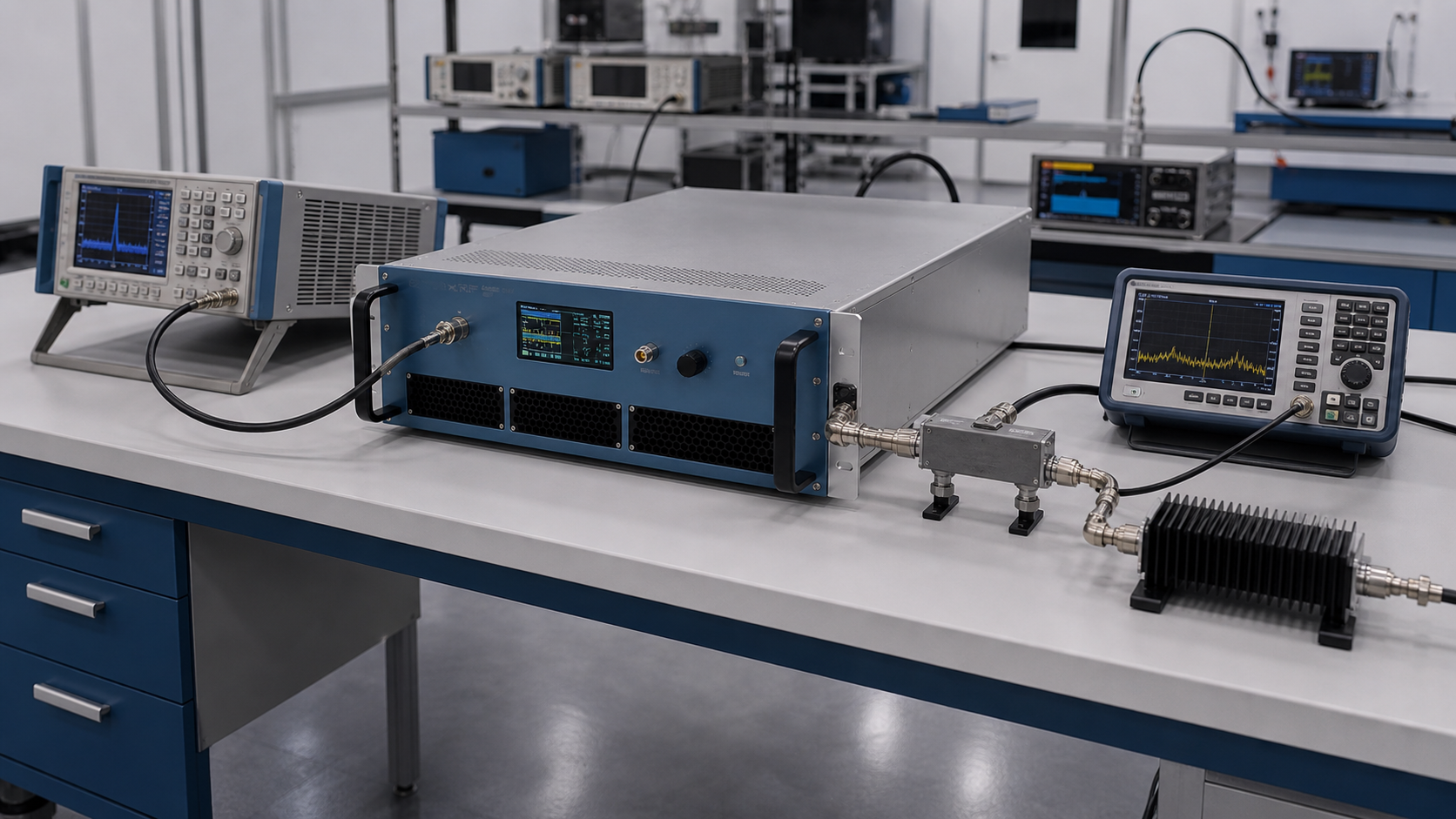 RF laboratory factory testing environment with amplifiers under validation