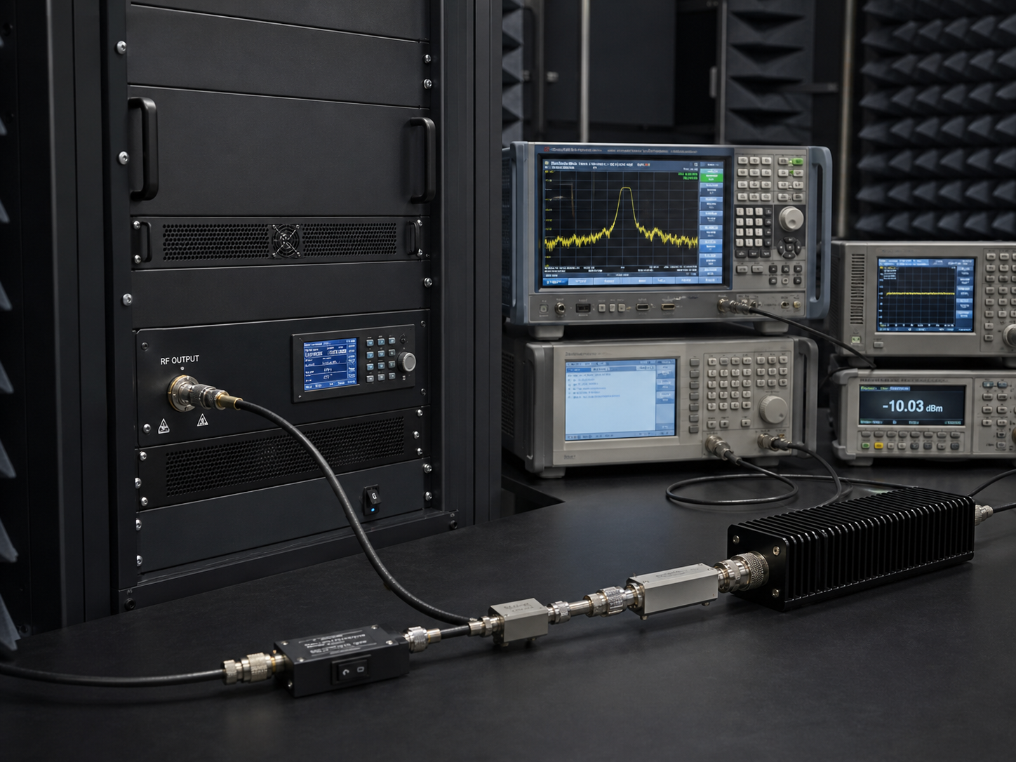 Rack-mounted EMC RF amplifier platform connected to RF test equipment