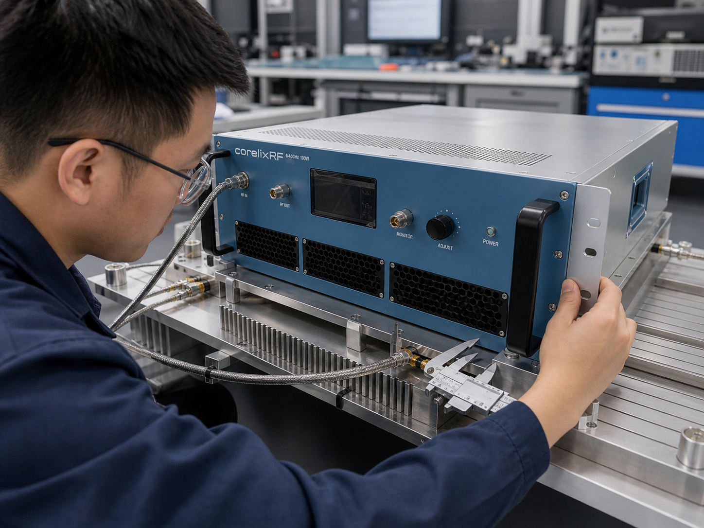 RF amplifier test bench with laboratory instruments