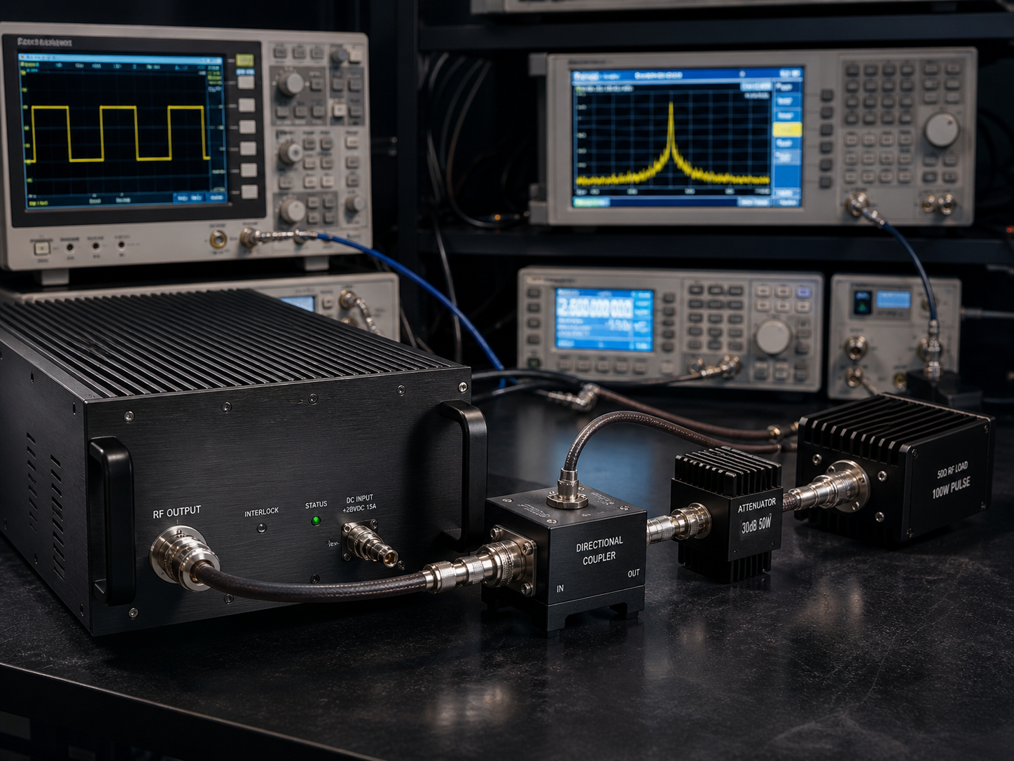 Pulsed RF amplifier testing and validation before shipment