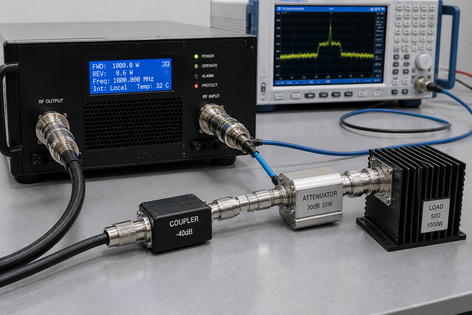 Close-up of RF amplifier connectors coaxial cables coupler attenuator and load
