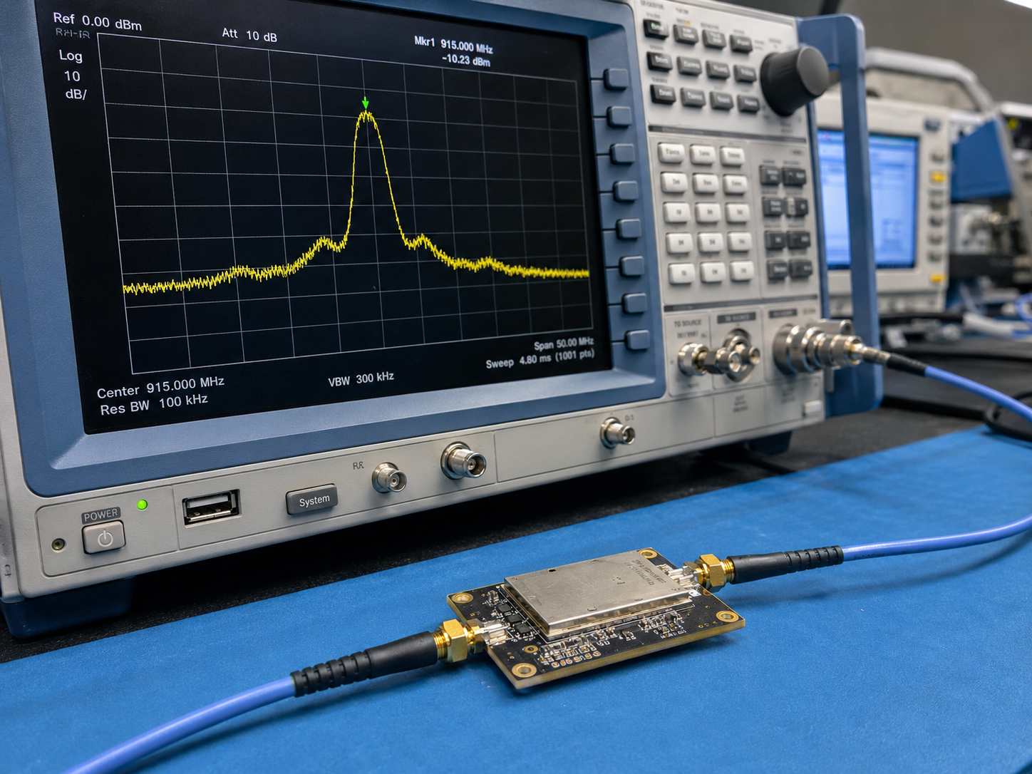 CorelixRF SDR module connected to RF test instruments